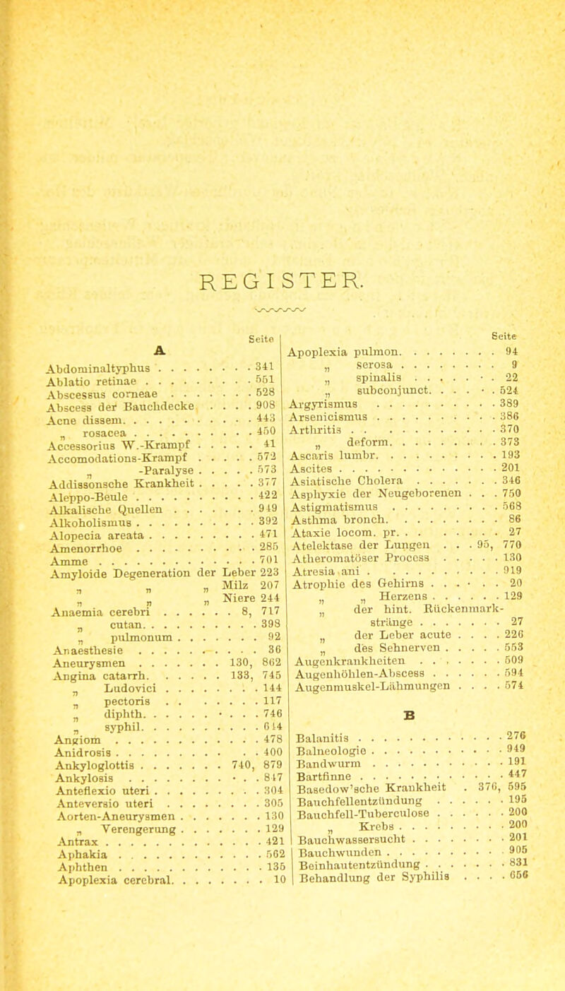 REGI STER. Seite A Abdoniinaltyphus 311 Ablatio retinae Söl Abscessus corneae 528 Abscess der Bauclidecke .... 908 Acne diasem „ rosacea ISO Accessorius W.-Krampf H Accomodations-Krampf ö7i ^ -Paralyse 573 Addiasonsche Krankheit 377 Aleppo-Beule 422 Alkalische Quellen 919 AlkoholisniuB 392 Alopecia areata 471 Amenorrhoe SS.O Amme 701 Amyloide Degeneration der Leber 223 „ Milz 207 „ Niere 244 Anaemia cerebri 8, 717 „ cutan 393 ^ pulmonum 92 Anaesthesie 36 Aneurysmen 130, 8(i2 Angitui catarrh 133, 745 „ Ludovici 144 1, pectoris 117 „ diphth • ... 746 1, syphil 014 AnRiom 478 Anidrosis 400 Ankyloglottis 740, 879 Ankylosis • . . 817 Anteflexio uteri 304 Anteveraio uteri 305 Aorten-Aneurysmen 130 „ Verengerung 129 Antrax 421 Aphakla 562 Aphthen 136 Apoplexia cerebral 10 Seite Apoplexia pubnon 94 „ serosa 9 „ spinalis • . 22 „ Bubcoujimct. . . . • . 524 Ai'gyrismus 389 Arseuicismus 386 Artliritis 370 „ deform 373 Ascaris lumbr 193 Ascites 201 Asiatische Cholera 346 Asphyxie der Neugeborenen . . . 750 Astigmatismus 568 Asthma bronch 86 Ataxie locom. pr 27 Atelektase der Lungen ... 95, 770 Atheromatuser Procoss 130 Atresia ani 919 Atrophie des Gehirns ...... 20 „ „ Herzens 129 „ der hint. Bückenraark- strilnge 27 „ der Leber acute .... 226 „ des Sehnerven 553 Augenlcrankheiten 509 Augeuhühlen-Abscess 594 Augenmuskel-Lähmungen .... 574 Balanitis 276 Balneologie 949 Bandwurm 191 Bartfinne 447 Basedow'sche Krankheit . 37C, 595 Bauchfellentzündung 195 Bauchfell-Tuberculose 200 „ Krebs 200 Bauchwassersucht 201 Bauchwunden 995 Beinhautentzündung 831 Behandlung der Syphilis .... 666