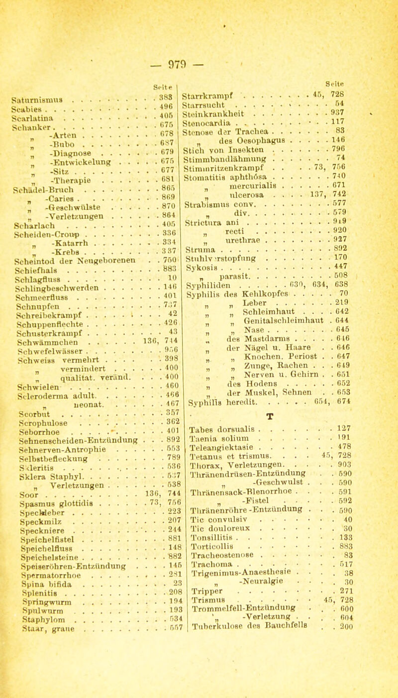 Si-ite Satnrni8mu3 Scabies Scarlatina 405 Sehanker -Arten ß8 „ -Bubo 6S7 „ -Diagnose 019 -EntwickeUing C75  -Sitz 077 „ -Therapie G81 Schädel-Bnich 865 ^ -Caries •• • 869 „ -Geschwülste . .870 „ -Verletzungen 864 Scharlach '»0'' Scheiden-Croup 336 „ -Katarrh 334 „ -Kreba 3 37 Scheintod der Neugeborenen . . 750 Schiefhala 883 Schlagfluss lU Schlingbeschwerden 14ß Schmeerfluss ^01 Schnupfen ''■''< Schreibekrampf i, ... 42 Schnppenflechte 456 Schusterkrampf 43 Schwämmchen 130, 714 Schwefelwäaser S-'ß Schweiss vermehrt • 3fl8 „ vermindert 400 „ qualitat. veränd. . . . 400 Schwielen 460 Scleroderma adult 466 ^ neonat 4 67 Scorbut 357 Scrophulose 362 Seborrhoe ■ 401 Sehnenscheiden-Entzündung . . . 892 Sehnerven-Antrophie 553 Selbstbefleckung 789 SUeritis 536 Sklera Staphyl 537 Verletzungen 538 Soor 130, 744 Spasmus glottidis 73, 756 SpecWeber 223 Speckmilz 207 Speckniere ... 244 Speichelfistel 881 Speichelfluss 148 Speichelsteine 882 Speiseröhren-Entzündung . . . .145 Spermatorrhoe 2S1 Spina bifida 23 Splenitis 208 Springwurm 194 Spulwurm 193 Staphylom 534 Seite Starrkrampf 4'>> 728 Starrsucht > .... 54 Steinkrankheit 937 Stonocardia 117 Stenose der Trachea 83 „ des Oesophagus 146 Stich von Insekten 796 Stimmbaudlähmung 74 Stiminritzenkrampf . . . . 73, 756 Stomatitis aphthösa 7-10 „ raercurialis 671 „ ulcerosa .... 137, 742 Strabismus conv 577 „ div 579 Strictura ani 9i9 „ recti 920 „ urethrae 927 Stnima 892 Stuhlv 'rstopfiing 170 Sykosis *47 „ Parasit 508 Syphiliden 630, 634, 638 Syphilis des Kehlkopfes 70 „ „ Leber 219 „ „ Schleimhaut . . . . G42 „ „ Genitalschleimhaut . 644 „ „ Nase 045 des Mastdarms 646 „ der Nägel u. Haare . . 646 „ „ Knochen. Periost . . 647 „ „ Zunge, Rachen . . .649 „ „ Nerven u. Gehirn . . 651 des Hodens 652 „ der Muskel, Sehnen . . 653 Sypliilis herodit 054, 674 T Tabes dorsualis 127 Taenia solium '91 Teleangiektasie 478 Jitaar, graue 557 Tetanus et trisraus. Tliorax, Verletzungen. . . Tluränendrüsen-Entzündung „ -Geschwulst . Tliränensack-Tllenorrlioe . . „ -Fistel . . . Tliränenröhre-Entzündung . Tic convulsiv Tic douloreux Tonsillitis TorticoUis Tracheostenose Trachoma Trigenimus-Anacsthesie . . „ -Neui-algie . . Tripper Trismus Trommelfell-Entzündung . '„ -Verletzung . . Tuberkulose des BauchfellB 45, 728 903 590 590 591 592 590 40 30 133 883 83 517 38 30 271 728 600 604 200 45,