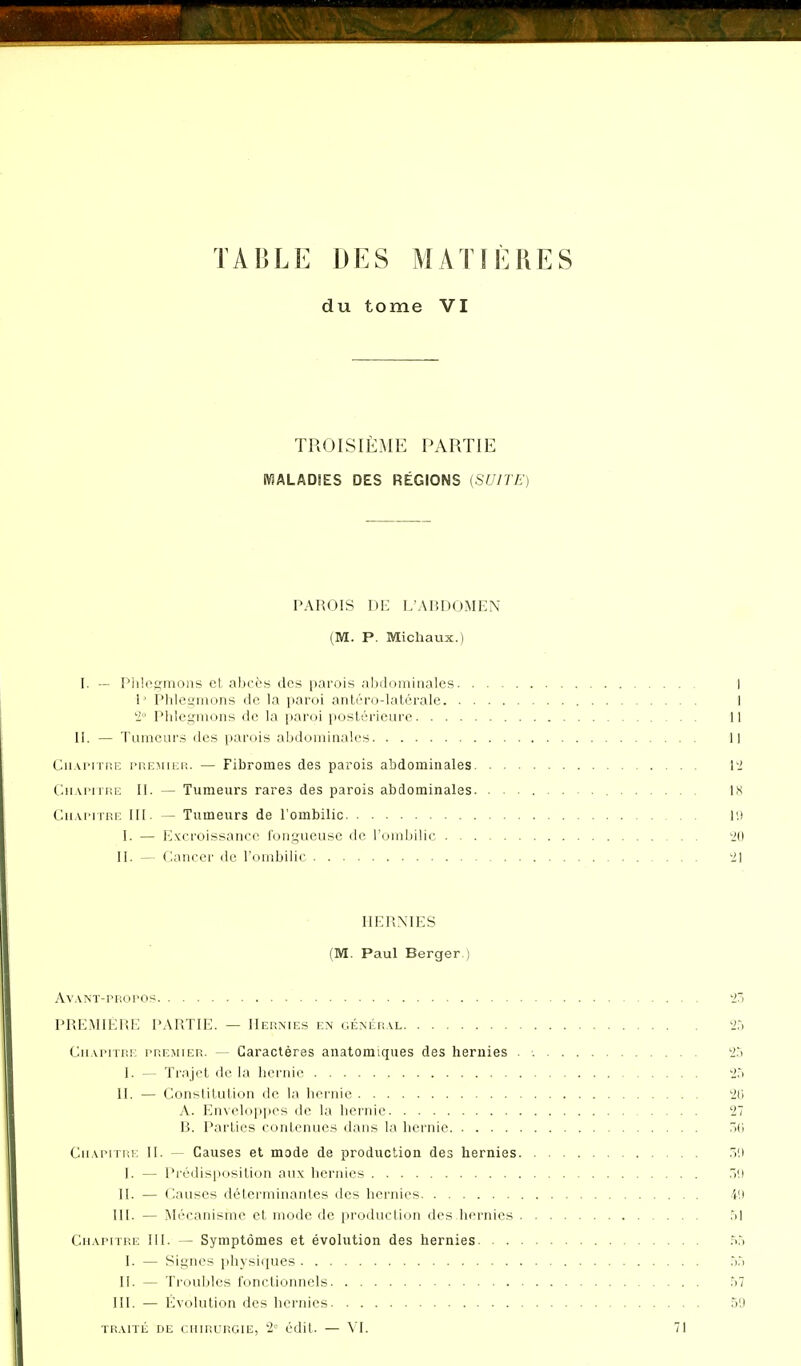 TABLE DES MATIÈRES du tome VI TROISIÈME PARTIE MALADIES DES RÉGIONS (SUITE) PAROIS DE L'ABDOMEN (M. P. Michaux.) [. — Phlegmons et abcès des parois abdominales 1 1' Phlegmons de la paroi antéro-latérale 1 2 Phlegmons de la paroi postérieure 11 II. — Tumeurs des parois abdominales Il Chapitre premier. — Fibromes des parois abdominales 12 Chapitre II. — Tumeurs rares des parois abdominales 18 Chapitre III. - Tumeurs de l'ombilic 19 I. — Excroissance fongueuse de l'ombilic 20 II. — Cancer de l'ombilic '21 HERNIES (M. Paul Berger.) Avant-propos 23 PREMIÈRE PARTIE. — Hernies en général 25 Chapitre premier. — Caractères anatomiques des hernies . 23 I. — Trajet de la hernie 25 II. — Constitution de la hernie 26 A. Enveloppes de la hernie 27 B. Parties contenues dans la hernie r>f> Chapitre II. — Causes et mode de production des hernies 50 I. — Prédisposition aux hernies 3fl II. — Causes déterminantes des hernies i'.i III. — Mécanisme et mode de production des hernies 51 Chapitre III. — Symptômes et évolution des hernies 55 I. — Signes physiques 55 II. — Troubles fonctionnels 57 III. — Évolution des hernies 59 traité de chirurgie, 2e édit. — VI. 71