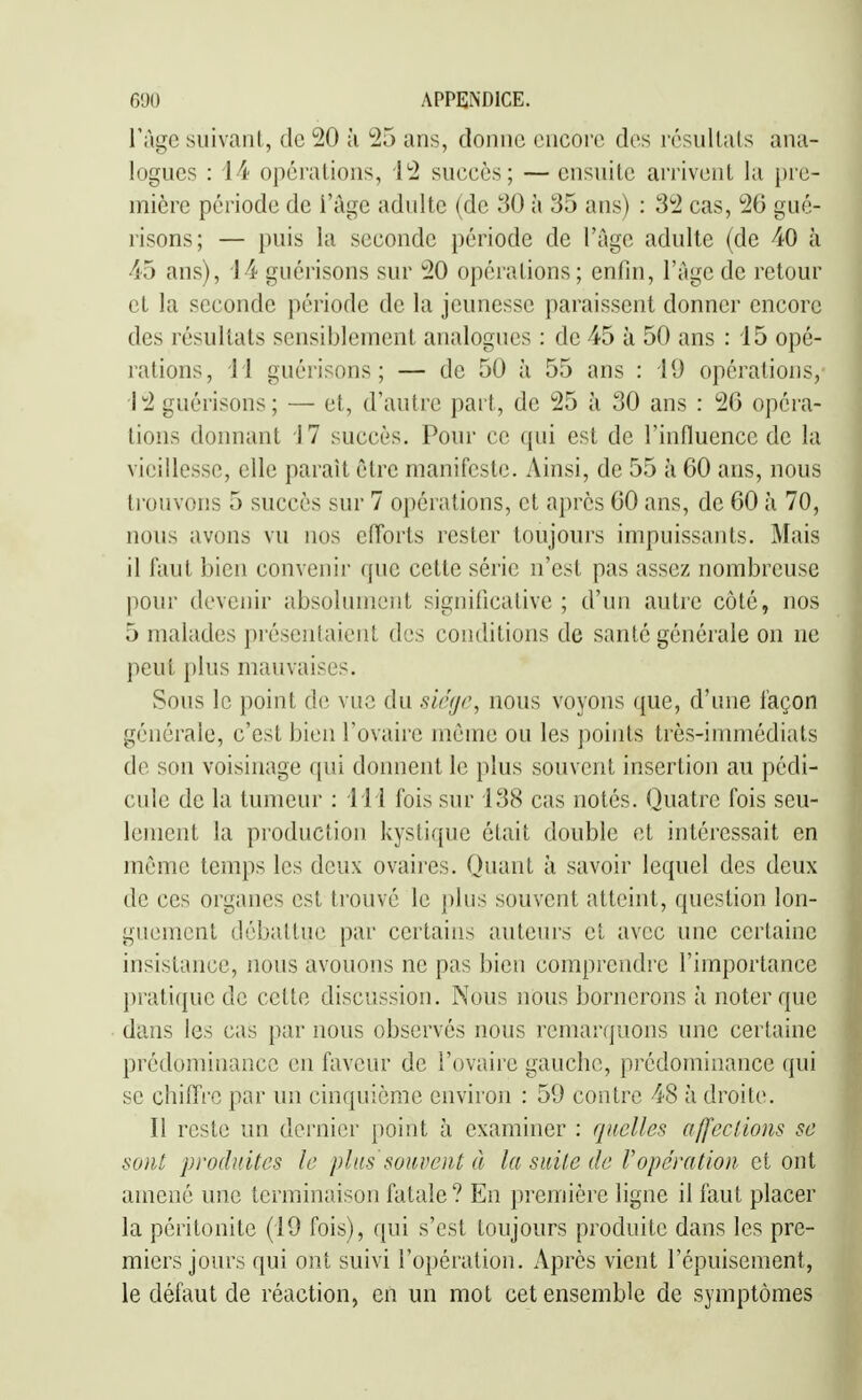 lïige suivant, de 20 à 25 ans, donne encore des résultats ana- logues : 14 opérations, 12 succès; — ensuite arrivent la pre- mière période de l'âge adulte (de 80 à 35 ans) : 32 cas, 20 gué- risons; — puis la seconde période de l'âge adulte (de 40 à 45 ans), 14 guérisons sur 20 opérations; enfin, l'âge de retour et la seconde période de la jeunesse paraissent donner encore des résultats sensiblement analogues : de 45 à 50 ans : 15 opé- rations, il guérisons; — de 50 à 55 ans : 19 opérations, 12 guérisons; — et, d'autre part, de 25 k 30 ans : 26 opéra- lions donnant 17 succès. Pour ce ([iii est de l'influence de la vieillesse, elle paraît être manifeste. Ainsi, de 55 à 60 ans, nous trouvons 5 succès sur 7 opérations, et après 60 ans, de 60 à 70, nous avons vu nos elTorts rester toujours impuissants. Mais il faut bien convenir que celte série n'est pas assez nombreuse pour devenir absolument significative ; d'un autre côté, nos 5 malades présentaient des conditions de santé générale on ne peut plus mauvaises. Sous le point de vue du siégr, nous voyons que, d'une façon générale, c'est bien l'ovaire même ou les points très-immédiats de son voisinage qui donnent le plus souvent insertion au pédi- cule de la tumeur : iii fois sur 138 cas notés. Quatre fois seu- lement la production kystique était double et intéressait en même temps les deux ovaires. Quant à savoir lequel des deux de ces organes est trouvé le {)lus souvent atteint, question lon- guement débattue par certains auteurs et avec une certaine insistance, nous avouons ne pas bien comprendre l'importance })ratiquc de celle discussion. Nous nous bornerons à noter que dans les cas par nous observés nous remarquons une certaine prédominance en faveur de l'ovaire gauche, prédominance qui se chiffre par un cinquième environ : 59 contre 48 à droite. 11 reste un dernier point à examiner : quelles affeclions se sont produites le pins souvent à la suite de l'opération et ont amené une terminaison fatale? En première ligne il faut placer la péritonite (19 fois), qui s'est toujours produite dans les pre- miers jours qui ont suivi l'opération. Après vient l'épuisement, le défaut de réaction, en un mot cet ensemble de symptômes