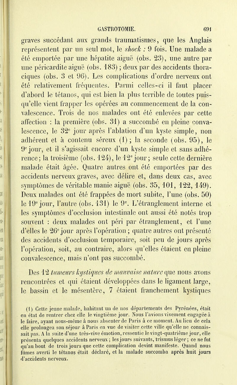 graves succédant aux grands traumatismes, que les Anglais représentent par un seul mot, le shock : 9 fois. Une malade a été emportée par une hépatite aiguë (obs. 23), une autre par une péricardite aiguë (obs. 183) ; deux par des accidents thora- ciques (obs. 3 et 96). Les complications d'ordre nerveux ont été relativement fréquentes. Parmi celles-ci il faut placer d'abord le tétanos, qui est bien la plus terrible de toutes puis- qu'elle vient frapper les opérées au commencement de la con- valescence. Trois de nos malades ont été enlevées par cette affection : la première (obs. 31) a succombé en pleine conva- lescence, le 32'' jour après l'ablation d'un kyste simple, non adhérent et à contenu séreux (1); la seconde (obs. 95), le 9 jour, et il s'agissait encore d'un kyste simple et sans adhé- rence; la troisième (obs. 124), le 12° jour; seule cette dernière malade était âgée. Quatre autres ont été emportées par des accidents nerveux graves, avec délire et, dans deux cas, avec symptômes de véritable manie aiguë (obs. 35,101, 122, 149). Deux malades ont été frappées de mort subite, l'une (obs. 50) lel9\iour, l'autre (obs. 131) le 9^ L'étranglement interne et les symptômes d'occlusion intestinale ont aussi été notés trop souvent : deux malades ont péri par étranglement, et l'une d'elles le 26'' jour après l'opération ; quatre autres ont présenté des accidents d'occlusion temporaire, soit peu de jours après l'opération, soit, au contraire, alors qu'elles étaient en pleine convalescence, mais n'ont pas succombé. Des 12 ùmieiirs ki/stiques de mauvaise nature que nous avons rencontrées et qui étaient développées dans le ligament large, le bassin et le mésentère, 7 étaient franchement kystiques (1) GeUe jeune malade, habitant un de nos départements des Pyrénées, était en état de rentrer chez elle le vingtième jour. Nous l'avions vivement engagée à le faire, ayant nous-mèmc à nous absenter de Paris à ce moment. Au lieu de cela elle prolongea son séjour à Paris en vue de visiter cette ville qu'elle ne connais- sait pas. A la suite d'une très-vive émotion, ressentie le vingt-quatrième jour, elle présenta quelques accidents nerveux; les jours suivants, trismus léger ; ce ne fut qu'au bout de trois jours que cette complication devint manifeste. Quand nous fûmes averti le tétanos était déclaré, et la malade succomba après huit jours d'accidents nerveux.
