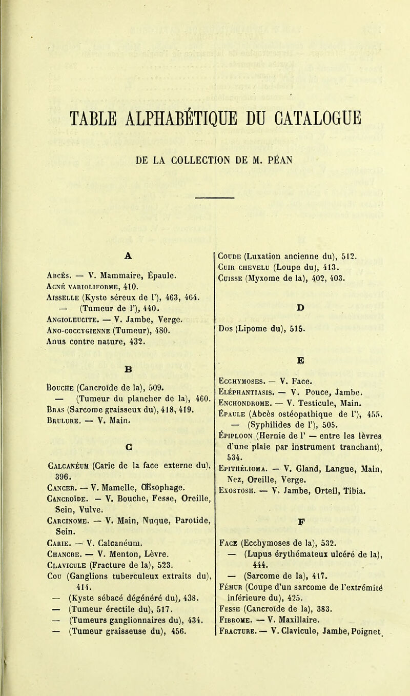 TABLE ALPHABÉTIQUE DU CATALOGUE DE LA COLLECTION DE M. PÉAN A Abcès. — V. Mammaire, Épaule. Acné varioliforme, 410. Aisselle (Kyste séreux de 1'), 463, 404. — (Tumeur de 1'), 440. Angioleucite. — V. Jambe, Verge. Ano-coccygienne (Tumeur), 480. Anus contre nature, 432. B Bouche (Cancroïde de la), 509. — (Tumeur du plancher de la), 460. Bras (Sarcome graisseux du), 418, 419. Brûlure. — V. Main. C CalcanéuM (Carie de la face externe du), 396. Cancer. — V. Mamelle, Œsophage. Cancroïde. — V. Bouche, Fesse, Oreille, Sein, Vulve. Carcinome. — V. Main, Nuque, Parotide, Sein. Carie. — V. Calcanéum. Chancre. — V. Menton, Lèvre. Clavicule (Fracture de la), 523. Cou (Ganglions tuberculeux extraits du), 414. — (Kyste sébacé dégénéré du)^ 438. — (Tumeur érectile du), 517. — (Tumeurs ganglionnaires du), 434. — (Tumeur graisseuse du), 456. Coude (Luxation ancienne du), 512. Cuir chevelu (Loupe du), 413. Cuisse (Myxome de la), 402, 403. D Dos (Lipome du), 615. E Ecchymoses. — V. Face. Eléphantiasis. — V. Pouce, Jambe. Enchondrome. — V. Testicule, Main. Épaule (Abcès ostéopathique de 1'), 455. — (Syphilides de 1'), 505. Épiploon (Hernie de 1' — entre les lèvres d'une plaie par instrument tranchant), 534. Epithélioma. — V. Gland, Langue, Main, Nez, Oreille, Verge. Exostosb. — V. Jambe, Orteil, Tibia. F Face (Ecchymoses de la), 532. — (Lupus érythémateui ulcéré de la), 444. — (Sarcome de la), 417. Fémur (Coupe d'un sarcome de l'extrémité inférieure du), 425. Fesse (Cancroïde de la), 383. Fibrome. — V. Maxillaire. Fracture.— V. Clavicule, Jambe, Poignet,