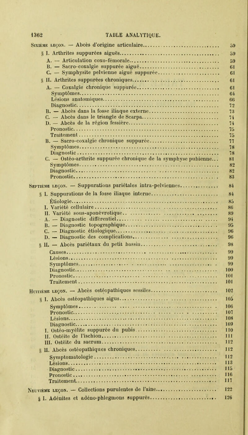 Sixième leçon. — Abcès d'origine articulaire 59 § I. Arthrites suppurées aiguës 59 A. — Articulation coxo-fémorale 59 B. — Sacro-coxalgie suppurée aiguë 61 C. — Symphysite pelvienne aiguë suppurée CI § II. Arthrites suppurées chroniques 61 A. — Coxalgie chronique suppurée 61 Symptômes 64 Lésions anatomiques 66 Diagnostic 72 B. — Abcès dans la fosse iliaque externe 73 C. — Abcès dans le triangle de Scarpa 74 D. — Abcès de la région fessière 74 Pronostic 75 Traitement 75 B. — Sacro-coxalgie chronique suppurée 77 Symptômes 78 Diagnostic 78 C. — Ostéo-arthrite suppurée chronique de la symphyse pubienne... 81 Symptômes 82 Diagnostic 82 Pronostic 83 Septième leçon. — Suppurations pariétales intra-pelviennes 84 § I. Suppurations de la fosse iliaque interne 84 Étiologie 85 I. Variété cellulaire 86 II. Variété sous-aponévrotique 89 A. — Diagnostic différentiel 94 B. — Diagnostic topographique 95 C. — Diagnostic étiologique 96 D. — Diagnostic des complications 96 § H. — Abcès pariétaux du petit bassin 98 Causes 99 Lésions 99 Symptômes 99 Diagnostic 100 Pronostic 101 Traitement 101 Huitième leçon. — Abcès ostéopathiques sessiles 102 § I. Abcès ostéopathiques aigus 105 Symptômes 106 Pronostic 107 Lésions 108 Diagnostic 109 I. Ostéo-myélite suppurée du pubis 110 II. Ostéite de l'ischion 111 III. Ostéite du sacrum 112 g II. Abcès ostéopathiques chroniques 112 Symptomatologie 112 Lésions 113 Diagnostic 115 Pronostic 116 Traitement 117 Neuvième leçon. — Collections purulentes de l'aine 122 § I. Adénites et adéno-phlegmons suppures 126
