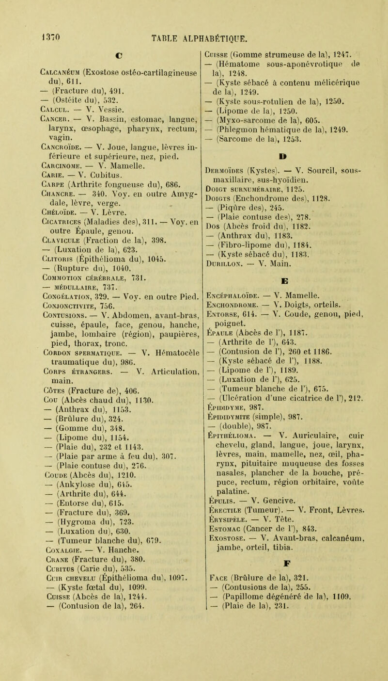 C Calcanéum (Exostose ostéo-cartilagineuse du), 611. — (Fracture du), 491. — (Ostéite du), 532. Calcul. — V. Vessie. Cancer. — V. Bassin, estomac, langue, larynx, œsophage, pharynx, rectum, vagin. Canchoïde. — V. Joue, langue, lèvres in- férieure et supérieure, nez, pied. Carcinome. — V. Mamelle. Carie. — V. Cubitus. Carpe (Arthrite fongueuse du), 68G. Chancre. — 340. Voy. en outre Amyg- dale, lèvre, verge. Chéloïde. — V. Lèvre. Cicatrices (Maladies des), 311. — Voy. en outre Épaule, genou. Clavicule (Fraction de la), 398. — (Luxation de la), C23. Clitoris (Épithélioma du), 1045. — (Rupture du), 1040. Commotion cérébrale, 731. — médullaire, 737. Congélation, 329. — Voy. en outre Pied. Conjonctivite, 756. Contusions. — V. Abdomen, avant-bras, cuisse, épaule, face, genou, hanche, jambe, lombaire (région), paupières, pied, thorax, tronc. Cordon spermatique. — V. Hématocèle traumatique du), 980. Corps étrangers. — V. Articulation, main. Côtes (Fracture de), 40C. Cou (Abcès chaud du), 1130. — (Anthrax du), 1153. — (Brûlure du), 324. — (Gomme du), 348. — (Lipome du), 1154. — (Plaie du), 232 et 1143. — (Plaie par arme à feu du). 307. — (Plaie contuse du), 276. Coude (Abcès du), 1210. — (Ankylose du), 615. — (Arthrite du), 644. — (Entorse du), 615. — (Fracture du), 369. — (Hygroma du), 723. — (Luxation du), 630. — (Tumeur blanche du), 079. Coxalgie. — V. Hanche. Crâne (Fracture du), 380. Cubitus (Carie du), 535. Cuir chevelu (Épithélioma du), 1097. — (Kyste fœtal du), 1099. Cuisse (Abcès de la), 1244. — (Contusion de la), 2C4. Cuisse (Gomme strumeuse de la), 1247. — (Hématome sous-aponévrotiquc dp la), 1248. — (Kyste sébacé à contenu mélicériquo de la), 1249. — (Kyste sous-rotulien de la), 1250. — (Lipome de la), 1250. — (Myxo-sarcome de la), 605. — (Phlegmon hématique de la), 1249. — (Sarcome de la), 1253. D Dermoïdes (Kystes). — V. Sourcil, sous- maxillaire, sus-hyoïdien. Doigt surnuméraire, 1125. Doigts (Enchondrome des), 1128. — (Piqûre des), 245. — (Plaie contuse des), 278. Dos (Abcès froid du), 1182. — (Anthrax du), 1183. — (Fibro-lipome du), 1184. — (Kyste sébacé du), 1183. Durillon. — V. Main. E Encéphaloïde. — V. Mamelle. Enchondrome. — V. Doigts, orteils. Entorse, 614. — V. Coude, genou, pied, poignet. Épaule (Abcès de 1'), 1187. — (Arthrite de 1'), 643. — (Contusion de I'), 200 et 1186. — (Kyste sébacé de 1'), 1188. — (Lipome de 1'), 1189. — (Luxation de 1'), 625. — (Tumeur blanche de 1'), 675. — (Ulcération d'une cicatrice de 1'), 212. Épididyme, 987. Épididymite (simple), 987. — (double), 987. Épithélioma. — V. Auriculaire, cuir chevelu, gland, langue, joue, larynx, lèvres, main, mamelle, nez, œil, pha- rynx, pituitaire muqueuse des fosses nasales, plancher de la bouche, pré- puce, rectum, région orbitaire, voûte palatine. Épulis. — V. Gencive. Érkctile (Tumeur). — V. Front, Lèvres. Érysipéle. — V. Tète. Estomac (Cancer de 1 ), 843. Exostose. — V. Avant-bras, calcanéum. jambe, orteil, tibia. F Face (Brûlure de la), 321. — (Contusions de la), 255. — (Papillome dégénéré de la), 1109, — (Plaie de la), 231.