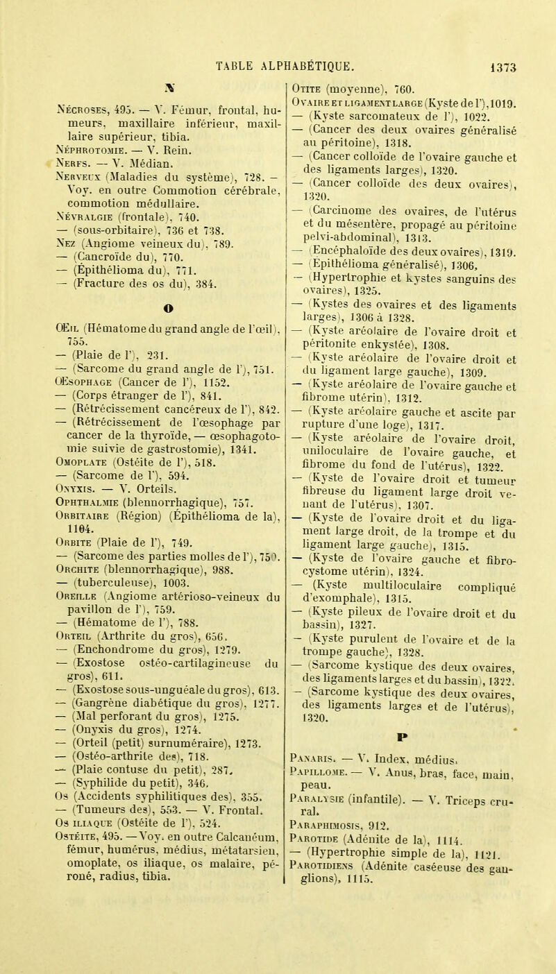 N Nécroses, 495. — V. Fémur, frontal, hu- meurs, maxillaire inférieur, maxil- laire supérieur, tibia. Néphrotojiie. — V. Rein. Nerfs. — V. Médian. Nerveux (Maladies du système), 728. — Voy. en outre Commotion cérébrale, commotion médullaire. Névralgie (frontale), 740. — (sous-orbitairei. 736 et 738. Nez (Angiome veineux du), 789. — (Çancroïde du ), 770. — (Épithélioma du;. 771. — (Fracture des os du), 384. O OEil (Hématome du grand angle de l'œil i, 755. — (Plaie de P), 231. — (Sarcome du grand angle de I'), 751. UEsophage (Cancer de l'i, 1152. — (Corps étranger de 1'), 841. — (Rétrécissement cancéreux de 1'), 842. — (Rétrécissement de l'œsophage par cancer de la thyroïde, — œsophagoto- mie suivie de gastrostomie), 1341. Omoplate (Ostéite de F), 518. — (Sarcome de Y), 594. Osyxis. — V. Orteils. Ophthal.mie (blennorrhagique), 757. Orbitaire (Région) (Épithélioma de la), 1164. Orbite (Plaie de Y), 749. — (Sarcome des parties molles de F), 75 ). Orchite (blennorrhagique), 988. — (tuberculeuse), 1003. Oretlle (Angiome artérioso-veineux du pavillon de 1), 759. — (Hématome de F), 788. Orteil (Arthrite du gros), 65C. — (Enchondrome du gros), 1279. — (Exostose ostéo-cartilagineuse du gros), 611. — (Exostose sous-unguéale du gros), 613. — (Gangrène diabétique du gros). 1277. — (Mal perforant du gros), 1275. — (Onyxis du gros), 1274. — (Orteil (petit) surnuméraire), 1273. — (Ostéo-arthrile des), 718. — (Plaie contuse du petit), 287, — (Syphilide du petit), 346. Os (Accidents syphilitiques des). 355. — (Tumeurs des), 553. — V. Frontal. Os iliaque (Ostéite de F), 524. Ostéite, 495. — Voy. en outre Calcauéum. fémur, humérus, médius, métatarsien, omoplate, os iliaque, os malaire, pé- roné, radius, tibia. Otite (moyenne). 760. Ovaire et ligame-nt large (Kyste de 1), 1019. — (Kyste sarcomateux de F), 1022. — (Cancer des deux ovaires généralisé au péritoine), 1318. — (Cancer colloïde de l'ovaire gauche et des ligaments larges), 1320. — 'Cancer colloïde des deux ovaires , 1320. — Carcinome des ovaires, de l'utérus et du mésentère, propagé au péritoine pelvi-abdominall, 1313. — (Encéphaloïde des deux ovaires», 1319. — Epithélioma généralisé), 1306, — (Hypertrophie et kystes sanguins des ovaires), 1325. — Kystes des ovaires et des ligaments larges|, 1306 à 1328. — (Kyste aréolaire de l'ovaire droit et péritonite enkysfée), 1308. — (Kyste aréolaire de l'ovaire droit et du ligament large gauche), 1309. — (Kyste aréolaire de l'ovaire gauche et fibrome utérin), 1312. — (Kyste aréolaire gauche et ascite par rupture d'une loge), 1317. — (Kyste aréolaire de l'ovaire droit, uniloculaire de l'ovaire gauche, et fibrome du fond de l'utérus), 1322. — (Kyste de l'ovaire droit et tumeur fibreuse du ligament large droit ve- nant de l'utérus), 1307. — (Kyste de l'ovaire droit et du liga- ment large droit, de la trompe et du ligament large gauche;, 1315. — (Kyste de l'ovaire gauche et fibro- cystome utérin), 1324. — (Kyste multiloculaire compliqué d'exomphale), 1315. — (Kyste pileux de l'ovaire droit et du bassin), 1327. — (Kyste purulent de l'ovaire et de la trompe gauche), 1328. — (Sarcome kystique des deux ovaires, des ligaments larges et du bassin ), 1322. — (Sarcome kystique des deux ovaires, des ligaments larges et de Futérusi, 1320. P Panaris. — V. Index, médius. Papillome. — V. Anus, bras, face, maiu. peau. Paralysie (infantile). — Y. Triceps cru- ral. Paraphdiosis. 912. Parotide (Adéuite de la), 1114. — (Hypertrophie simple de la), 1121. Parotidie.ns (Adénite caséeuse des gan- glions), 1115.