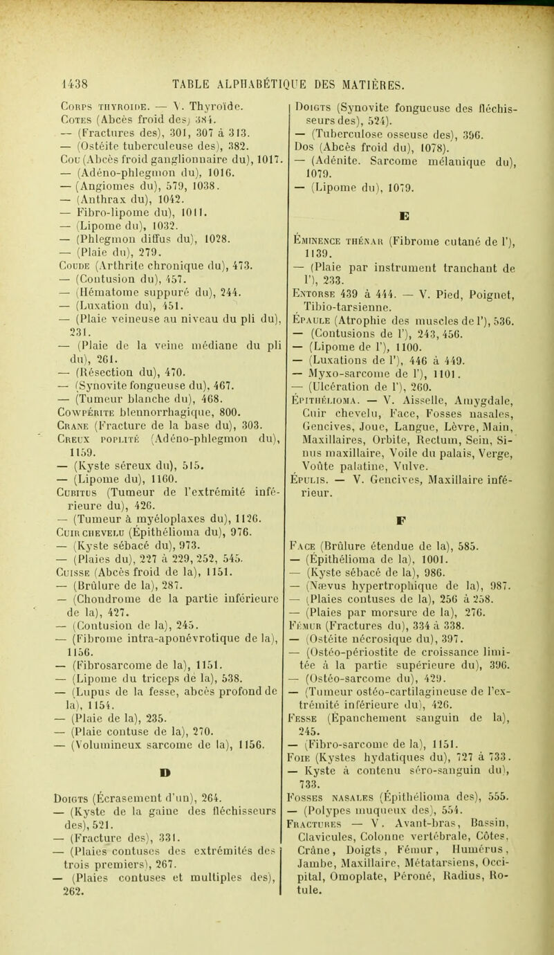 Coiîrs thyroïde. — V Thyroïde. Cotes (Abcès froid des; 384. — (Fractures des), 301, 307 à 313. — (Ostéite tuberculeuse des), 382. Cou (Abcès froid ganglionnaire du), 1017. — (Adéno-phlegmon du), 1010. — (Angiomes du), 579, 1038. — (Anthrax du), 1042. — Fibro-lipome du), 1011. — (Lipome du), 1032. — (Phlegmon diffus du), 1028. — (Plaie du), 279. Coude (Arthrite chronique du), 473. — (Contusion du), 457. — (Hématome suppuré du), 244. — (Luxation du), 451. — (Plaie veineuse au niveau du pli du), 231. — (Plaie de la veine médiane du pli du), 261. — (Résection du), 470. — (Synovite fongueuse du). 467. — (Tumeur blanche du), 468. Cowpérite blennorrhagique, 800. Crâne (Fracture de la base du), 303. Creux poplité (Adéno-phlegmon du), 1159. — (Kyste séreux du), 515. — (Lipome du), 1160. Cubitus (Tumeur de l'extrémité infé- rieure du), 426. — (Tumeur à myéloplaxcs du), 1126. Cuir chevelu (Épithélioma du), 976. — (Kyste sébacé du), 973. — (Plaies du), 227 à 229, 252, 545. Cuisse (Abcès froid de la), 1151. — (Brûlure de la), 287. — (Chondrome de la partie inférieure de la), 427. — (Contusion de la), 245. — (Fibrome intra-aponévrotique de la), 1156. — (Fibrosarcome de la), 1151. — (Lipome du triceps de la), 538. — (Lupus de la fesse, abcès profond de la), 1154. — (Plaie de la), 235. — (Plaie coutuse de la), 270. — (Volumineux sarcome de la), 1156. D Doigts (Écrasement d'un), 264. — (Kyste de la gaiuc des fléchisseurs des), 521. — (Fracture des), 331. — (Plaies coutuses des extrémités des trois premiers), 267. — (Plaies contuses et multiples des), 262. Doigts (Synovite fongueuse des fléchis- seurs des), 524). — (Tuberculose osseuse des), 396. Dos (Abcès froid du), 1078).' — (Adénite. Sarcome mélauique du), 1079. — (Lipome du), 1079. E Éminence thénar (Fibrome cutané de 1'), 1139. — (Plaie par instrument tranchant de D, 233. Entorse 439 à 444. — V. Pied, Poignet, Tibio-tarsienne. Épaule (Atrophie des muscles de 1'), 536. — (Contusions de 1'), 243, 456. — (Lipome de 1'), 1100. — (Luxations de 1'), 446 à 449. — Myxo-sarcomc de 1'), 1101. — (Ulcération de 1'), 260. Épithélioma. — V. Aisselle, Amygdale, Cuir chevelu, Face, Fosses nasales, Gencives, Joue, Langue, Lèvre, Main, Maxillaires, Orbite, Rectum, Sein, Si- nus maxillaire, Voile du palais, Verge, Voûte palatine, Vulve. Épulis. — V. Gencives, Maxillaire infé- rieur. F Face (Brûlure étendue de la), 585. — (Épithélioma de la), 1001. — (Kyste sébacé de la), 986. — (Nœvus hypertrophique de la), 987. — (Plaies contuses de la), 256 à 258. — (Plaies par morsure de la), 276. Fémur (Fractures du), 334 à 338. — (Ostéite nécrosique du), 397. — (Ostéo-périostite de croissance limi- tée à la partie supérieure du), 396. — (Ostéo-sarcome du), 429. — (Tumeur ostôo-cartilagineuse de l'ex- trémité inférieure du), 426. Fesse (Épanchement sanguin de la), 245. — (Fibro-sarcome de la), 1151. Foie (Kystes hydatiques du), 727 à 733. — Kyste à contenu séro-sanguin du), 733. Fosses nasales (Épithélioma des), 555. — (Polypes muqueux des), 554. Fractures — V. Avant-bras, Bassin, Clavicules, Colonne vertébrale, Côtes, Crâne, Doigts, Fémur, Humérus, Jambe, Maxillaire, Métatarsiens, Occi- pital, Omoplate, Péroné, Radius, Ro- tule.