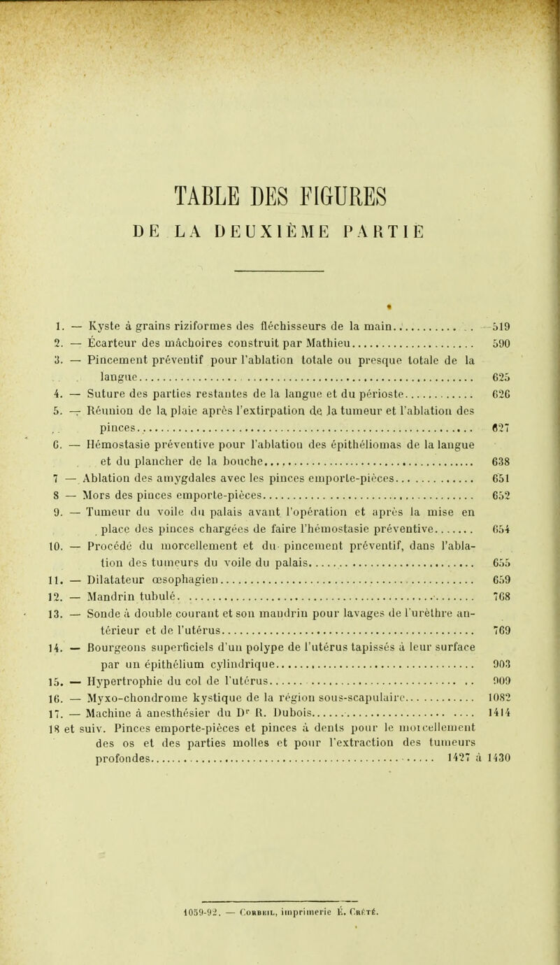 DE LA DEUXIÈME PARTIE 1. — Kyste à grains rizifornies des fléchisseurs de la main . . 519 2. — Écarteur des mâchoires construit par Mathieu 590 3. — Pincement préventif pour l'ablation totale ou presque totale de la langue 625 4. — Suture des parties restantes de la langue et du périoste 620 5. — Réunion de la plaie après l'extirpation de Ja tumeur et l'ablation des pinces.. 627 C. — Hémostasie préventive pour l'ablatiou des épithéliomas de la langue et du plancher de la bouche 638 7 — Ablation des amygdales avec les pinces emporte-pièces 651 8 — Mors des pinces emporte-pièces 652 9. — Tumeur du voile du palais avant l'opération et après la mise en place des pinces chargées de faire l'hémostasie préventive 654 10. — Procédé du morcellement et du pincement préventif, dans l'abla- tion des tumeurs du voile du palais 655 11. — Dilatateur œsophagien 659 12. — Mandrin tubulé 768 13. — Sonde à double courant et son mandrin pour lavages de l'urèthre an- térieur et de l'utérus 769 14. — Bourgeons superficiels d'un polype de l'utérus tapissés à leur surface par un épithélium cylindrique 903 15. — Hypertrophie du col de l'utérus 909 16. — Myxo-chondrome kystique de la région sous-scapulaiiv 1082 1. — Machine à anesthésier du Dr R. Dubois 1414 18 et suiv. Pinces emporte-pièces et pinces à dents pour le moicellement des os et des parties molles et pour l'extraction des tumeurs 105(1-92. — C.orbkil, imprimerie 12. Crété.