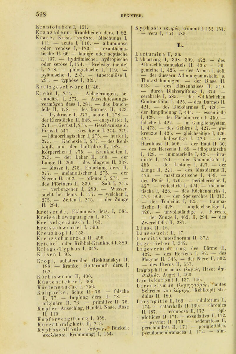 Kraniotabe's I. 151. Kranzadern, Krankheiten tlers. 1,82. Krase, Krasis {xq&oig, Mischung) I, III. — acuta I, 116. — albuminöse oder venöse 1, 123. — exanthema- tische II, 66. — faulige oder septische I, 137. — hydrämische, hydropische oder seröse I, 174. — krebsige (acute) I, 278. — phlogislische I, 119. — pyämische I, 233. — luberculöse I, 291. — typhöse I, 325. Kratzgeschwüre II, 46. Krebs I, 274. — Ablagerungen, se- cundärc I, 277. — Ausschliessungs- vermögen dess. 1,281. — des Bauch- fells II, 478. — des Darmes II, 423. — Dyskrasie I, 277., acute I, 278. — der Eierstöcke II, 548. — encyslirter I, 274. — Gerüst I, 275. — Geschwülste d. Hirns I, 547. - Geschwür I, 274. 279. — hämorrhagischer I. 275. — harter 1, 275. — Kachexie I, 277. — des Kehl- kopfs und der Luftröhre II, 18S. — Körperchen I, 275. — Krankheilen I, 273. — der Leber II, 460. — der Lunge II, 269 — des Magens II, 338. — Masse I, 275., Entartung ders. II, 277. — melanotischer I, 275. — der Nieren II, 502. — offener I, 274. — des Pförtners II, 339. — Saft I, 275. — verborgener I, 280. — Wasser- sucht bei dems. I, 177. — weicher I, 275. — Zellen I, 275. — der Zunge II, 294. Ki eisende, Eklampsie ders. I, 584. Kreisel b eweg-u n gen I, 572. Kreiselgeräusch I, 163. Kreisschwindel I, 590. Kreu zkopf 1, 153. Kreuzschmerzen II, 490. Kriebel- oder Kribbel-Krankheit I, 380. Kriegs-Typhus I, 342. Kri sen I, 95. Kropf, substernaler (Rokitansky) II, 188. — Kranke, Blutarmuth ders. I, 162. Kürbis wurm II, 400.. Küstenfieber I, 309 Küslenseuclie I, 256. Kuhpockc, ächte 11/ 76. — falsche II, 77. — Impfung ders. I, 78. — originäre II, 76. — primitive II, 76. Kupfei -Ausschlag, Handel, Nase, Rose II, 110. Kupfervergiftun-g I, 358. Kurzathmigkeit II, 273. Kyphoscoliosis (xvcpoe<£ Buckel; axoUioais, Krümmung) I, 154. Kyphosis \xvrP6>, krumm) I. 152.154. — vera I, 151. 4S5. Ii. L a c tu min a II, 36. Lähmung I, 398. 399. 422. — des Afterschliessmuskels II, 435. — all- gemeine I, 426. — des Armes I, 465. — der äussern Athmungsmuskeln s. Thoraxlähmungen. — der Blase II, 513. — des Blasenhalses II, 510. — durch Bleivergiftung I, 374. — cerebrale I, 585. — der willkürlichen Contractilität I, 425. — des Darmes II, 421. — des Dickdarmes II, 426. — der Empfindung I, 444. — essentielle I, 429. — der Facialnerven I, 459.— falsche I, 422. — im Gangliensystem I, 473. — des Gehirns I, 427. — ge- kreuzte 1, 426. — gleichseitige I, 426. 427. — halbseitige I, 426. — der Harnblase H, 506. — der Haut II, 30. — des Herzens I, 89. - idiopathische I, 429. — immaterielle 1,423. — irra- dürle I, 424. — der Kaumuskeln I, 455. - der Leitung I, 427. — der Lunge II, 221. — des Mastdarms II, 426. — masticalorischc I, 459. — des Penis I, 470. — peripherische I, 427. — reflectirte I, 4J4. — rheuma- tische I. 428. — des Rückenmarks I, 427. 509..— der Speiseröhre II, 313. — der Tonicität I, 425. — trauma- tische I, 428. - ungleichseitige I, 426. — unvollständige s. Paresis, — der Zunge I, 462. II, 294. — des Zwerchfells II, 287. L ä u s e II, 16. Läu s esu c ht II, 17. Laevitas inleslinorum II, 372. Lagerfieber I, 342. Lageveränderung des Därme II, 422. — des Herzens I, 82. — des Magens II, 345. — der Niere II, 502. — des Uterus II, 557. Lagoph th a Imus (luyiö?, Hase; bep- d-nlfxö;, Auge) I, 4601. Landskorbut I, 137. 140. La ry n g i s in ii s (Xaqvyyiafioe, 'lautes Schreien von XdQvyS, Kehlkopf) stri- dülus II, 180. Laryngitis II, 169. — adultorum II, 174.— catarrhalis H, 169. - chronica II. IS7. — crouposa II, 172. — epi- glotlidea 11,171.— exsudativa 11,172. — gravior II, 170. — oedematosa II. perichondrea II. 171. — periglottidea, pseudomembranacea I. 172. — sun-