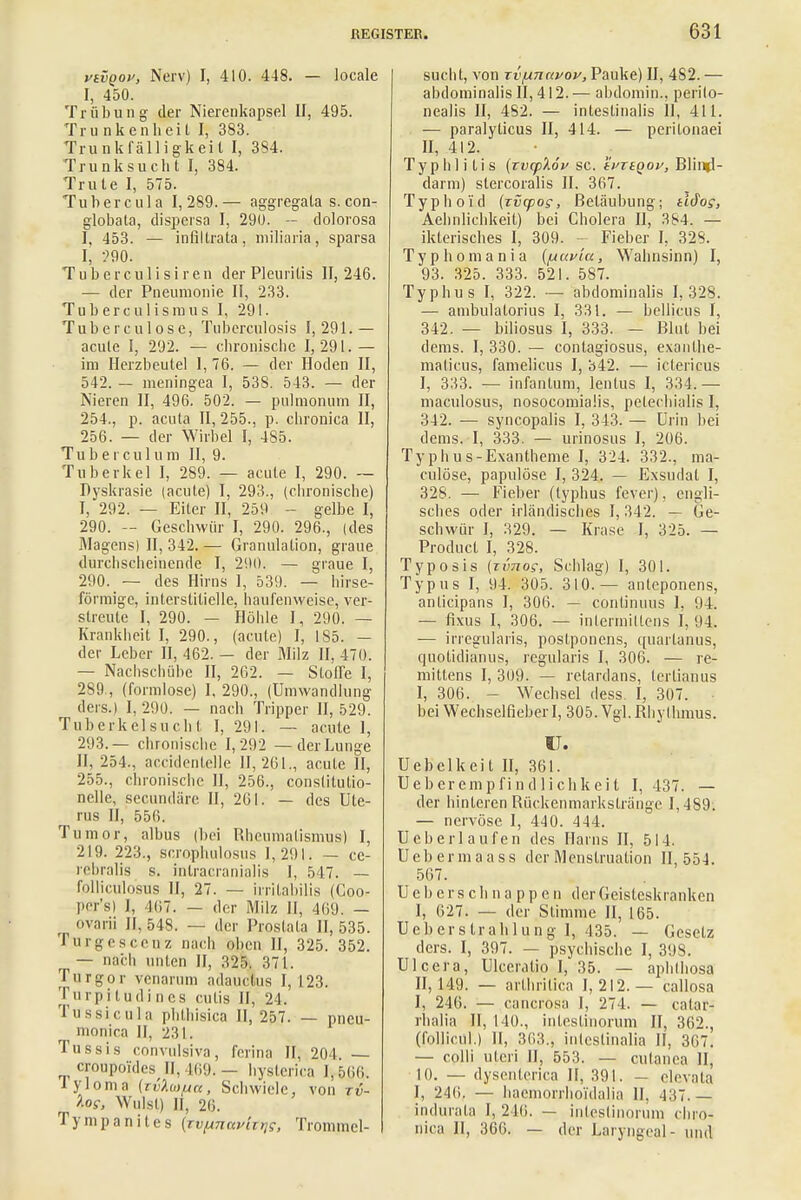 vivgov, Nerv) I, 410. 448. — locale I, 450. Trübung der Nierenkapsel II, 495. Trunkenheit I, 383. Trunk fäll igkeit I, 384. Trunksucht I, 384. Trute I, 575. Tubercula 1,289.— aggregata s. con- globata, dispersa I, 290. — dolorosa I, 453. — infillrala, miliaris, sparsa I, 390. Tuberculisiren der Pleuritis II, 246. — der Pneumonie II, 233. Tuberculismus I, 291. Tuberculose, Tuberculosis 1,291.— acute I, 292. — chronische 1,291.— im Herzbeutel 1,76. — der Hoden II, 542. — meningea I, 538. 543. — der Nieren II, 496. 502. — pulmonum II, 254., p. acuta II, 255., p. chronica II, 256. — der Wirbel I, 485. Tuberculum II, 9. Tuberkel I, 289. — acute I, 290. — Dyskrasie (acute) I, 293., (chronische) I, 292. — Eiter II, 259 - gelbe I, 290. — Geschwür I, 290. 296., (des Magens) II, 342. — Granulation, graue durchscheinende I, 290. — graue I, 290. — des Hirns I, 539. — hirse- förmige, interstitielle, haufenweise, ver- streute I, 290. — Höhle I, 290. — Krankheit I, 290., (acute) I, 185. — der Leber II, 462. — der Milz II, 470. — Nachschübe II, 262. — Stoffe I, 289., (formlose) I, 290., (Umwandlung ders.) I, 290. — nach Tripper II, 529. Tuberkel sucht I, 291. — acute I, 293.— chronische 1,292 —der Lunge II, 254., accidenlelle 11,261., acute II, 255., chronische II, 256., conslitulio- nelle, secundäre II, 201. — des Ute- rus II, 556. Tumor, albus (bei Rheumatismus) I, 219. 223., scrophulosus 1,291. — cc- rebralis s. inlracranialis I, 547. — folliculo'sus II, 27. — irritabilis (Coo- |ts) I, 1(17. — der Milz H, 469. — ovarii 11,548. — der Prostata 11,535. Turgesceuz nach oben II, 325. 352. — nach unten II, 325. 371. Turgor venarum adauetus 1,123. Turpitudines cutis II, 24. Tussicula phthisica II, 257. — pneu- monica II, 231. Tussis convulsiva, ferina 11,201 — croupoides II, 169. — hysterica 1,5(10. lyloma (Tvh»[An, Schwiele, von tv- loS, Wulst) II, 26. T y m p a n i t e s {rv^navlttje, Trommel- sucht, von tv{atiuvov, Pauke) II, 4S2. — abdominalis II, 412.— abdomin., perilo- nealis II, 482. — intestinalis II, 411. — paralyticus II, 414. — peritonaei II, 412. Typhli Iis (xvcp'Köv sc. ivrtqov, Blind- darm) stercoralis II. 367. Typhoid (xvcpos, Betäubung; tlSos, Aehnlichkeit) bei Cholera II, 384. — ikterisches I, 309. - Fieber I, 328. Typhomania ([auv'ui, Wahnsinn) I, 93. 325. 333. 521. 587. Typhus I, 322. — abdominalis 1,328. — ambulatorius I, 331. — bellicus I, 342. — biliosus I, 333. — Blut bei dems. I, 330. — contagiosus, exanlhe- maticus, famelicus I, 342. — iclericus I, 333. — infantum, lentus I, 334.— maculosus, nosocomiaüs, petechialis I, 342. — syncopalis I, 343. — Urin bei dems. I, 333. — urinosus I, 206. Typhus-Exantheme I, 324. 332., ma- culöse, papulöse I, 324. — Exsudat I, 328. — Fieber (lyphus fever), engli- sches oder irländisches I, 342. - Ge- schwür I, 329. — Krase I, 325. — Producl I, 328. Typosis (ji'mog, Schlag) I, 301. Typus I, 94. 305. 310.— anteponens, anlicipans I, 306. — conlinuus 1, 94. — fixus I, 306. — inlermillens I, 94. — irreguiaris, poslponcns, quartanus, quolidianus, regularis I, 306. — re- mittens I, 309. — retardans, lerlianus I, 306. - Wechsel dess. I, 307. bei WechselfieberI, 305. Vgl. Rhythmus. IT. Uebclkeit II, 361. Ueberempfindlichkeit I, 137. — der hinleren Rückenmarkstränge 1,489. — nervöse I, 440. 444. Ueberlaufen des Harns II, 514. Ucbermaass der Menstruation 11,554. 507. Ueb erschnappen der Geisteskranken I, 627. — der Stimme II, 165. Ueberstrahlung I, 435. — Gesetz ders. I, 397. — psychische I, 398. Ulcera, Ulceralio I, 35. — aphlhosa II, 149. — arthritien 1,212.— callosa I, 246. — cancrösa 1, 271. — eatari rhalia II, 140., intestinorum II, 362., (follicul.) II, 363., inlcstinalia II, 367. — colli uteri II, 553. — cutanea II, Kl. — dysentcrica II, 391. — clevala I, 246. — haemorrhoi'dalia II, 437. — indurata I, 216. — intestinorum chro- nica II, 366. — der Laryngeal- und