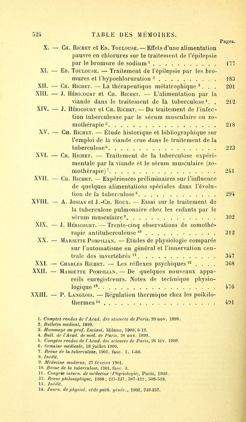 Pages. X. — Ch. Richet et Ed. Toulouse. — Effets d'une alimentation pauvre en chlorures sur le traitement de l'épilepsie par le bromure de sodium1 177 XI. — Ed. Toulouse. — Traitement de l'épilepsie par les bro- mures et l'hypochloruration 2 183 XII. — Ch. Richet. — La thérapeutique métatrophique 3. . . 201 XIII. — J. Héricourt et Ch. Richet. — L'alimentation par la viande dans le traitement de la tuberculose4. . 212 XIV. — J. Héricourt et Ch. Richet. — Du traitement de l'infec- tion tuberculeuse par le sérum musculaire ou zo- mothérapie 5 218 XV. — Ch. Richet. — Étude historique et bibliographique sur l'emploi de la viande crue dans le traitement de la tuberculose6 223 XVI. — Ch. Richet. — Traitement de la tuberculose expéri- mentale par la viande et le sérum musculaire (zo- mothérapie)7 241 XVII. — Ch. Richet. — Expériences préliminaires sur l'influence de quelques alimentations spéciales dans l'évolu- tion de la tuberculose 8 204 XVIII. — A. Josias et J.-Ch. Roux. — Essai sur le traitement de la tuberculose pulmonaire chez les enfants par le sérum musculaire9 302 XIX. — J. Héricourt. — Trente-cinq observations de zomothé- rapie antituberculeuse 10 312 XX. — Mariette Pompilian. —Études de physiologie comparée sur l'automatisme en général et l'innervation cen- trale des invertébrés 11 347 XXI. — Charles Richet. — Les réflexes psychiques 12 ... . 368 XXII. — Mariette Pompilian. — De quelques nouveaux appa- reils enregistreurs. Notes de technique physio- logique 13 476 XXIII. — P. Langlois. — Régulation thermique chez les poikilo- thermesu 491 1. Comptes rendus de VAcad. des sciences de Paris., 20 nov. 1899. 2. Bulletin médical, 1899. 3. Hommage au prof. Luciani, Milano, 1900, 6-12. 4. Bull, de l'Acad. de méd. de Paris, 28 nov. 1899. 5. Comptes rendus de l'Acad. des sciences de Paris, 26 lév. 1900. 6. Semaine médicale, 18 juillet 1900. 7. Bévue de la tuberculose, 1901, fasc. 1, 1-50. 8. Inédit. 9. Médecine moderne, 27 février 1901. 10. Bévue de la tuberculose, 1901, lasc. 3. 11. Congrès intam. de médecine (Physiologie), Paris, 1900. 12. Bévue philosophique, 1888 ; 225-237 ; 387-422 ; 508-528. 13. Inédit. 14. Journ. dephysiol. etdepath. génér., 1902, 249-257.