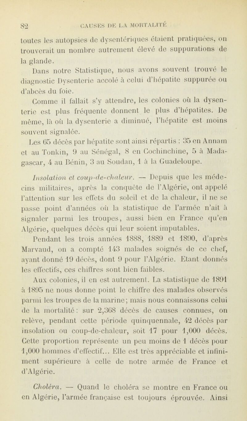 toutes les autopsies de dysentériques étaient pratiquées, on trouverait un nombre autrement élevé de suppurations de la glande. Dans notre Statistique, nous avons souvent trouvé le diagnostic Dysenterie accolé à celui d’hépatite suppurée ou d’abcès du foie. Gomme il fallait s’y attendre, les colonies où la dysen¬ terie est plus fréquente donnent le plus d’hépatites. De même, là où la dysenterie a diminué, l’hépatite est moins souvent signalée. Les 65 décès par hépatite sont ainsi répartis : 35 en Annam et au Tonkin, 9 au Sénégal, 8 en Gochinchine, 5 à Mada¬ gascar, 4 au Bénin, 3 au Soudan, 1 à la Guadeloupe. Insolation et coup-de-chaleur. — Depuis que les méde¬ cins militaires, après la conquête de l’Algérie, ont appelé l’attention sur les effets du soleil et de la chaleur, il ne se passe point d’années où la statistique de l’armée n’ait à signaler parmi les troupes, aussi bien en France qu’en Algérie, quelques décès qui leur soient imputables. Pendant les trois années 1888, 1889 et 1890, d’après Marvaud, on a compté 143 malades soignés de ce chef, ayant donné 19 décès, dont 9 pour l’Algérie. Etant donnés les effectifs, ces chiffres sont bien faibles. Aux colonies, il en est autrement. La statistique de 1891 à 1895 ne nous donne point le chiffre des malades observés parmi les troupes de la marine; mais nous connaissons celui de la mortalité : sur 2,368 décès de causes connues, on relève, pendant cette période quinquennale, 42 décès par insolation ou coup-de-chaleur, soit 17 pour 1,000 décès. Cette proportion représente un peu moins de 1 décès pour 1,000 hommes d’effectif... Elle est très appréciable et infini¬ ment supérieure à celle de notre armée de France et d’Algérie. Choléra. — Quand le choléra se montre en France ou en Algérie, l’armée française est toujours éprouvée. Ainsi