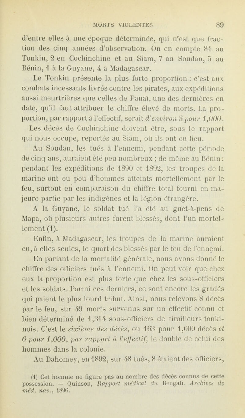 d’entre elles à une époque déterminée, qui n’est que frac¬ tion des cinq années d’observation. On en compte 84 au Tonkin, 2 en Gochinchine et au Siam, 7 au Soudan, 5 au Bénin, 1 à la Guyane, 4 à Madagascar. Le Tonkin présente la plus forte proportion : c’est aux combats incessants livrés contre les pirates, aux expéditions aussi meurtrières que celles de Panai, une des dernières en date, qu’il faut attribuer le chiffre élevé de morts. La pro¬ portion, par rapport à l’effectif, serait d’environ S pour 1,000. Les décès de Gochinchine doivent être, sous le rapport qui nous occupe, reportés au Siam, où ils ont eu lieu. Au Soudan, les tués à l’ennemi, pendant cette période de cinq ans, auraient été peu nombreux ; de même au Bénin : pendant les expéditions de 1890 et 1892, les troupes de la marine ont eu peu d’hommes atteints mortellement par le feu, surtout en comparaison du chiffre total fourni en ma¬ jeure partie par les indigènes et la légion étrangère. A la Guyane, le soldat tué l’a été au guet-à-pens de Mapa, où plusieurs autres furent blessés, dont l’un mortel¬ lement (1). Enfin, à Madagascar, les troupes de la marine auraient eu, à elles seules, le quart des blessés par le feu de l’ennemi. En parlant de la mortalité générale, nous avons donné le chiffre des officiers tués à l’ennemi. On peut voir que chez eux la proportion est plus forte que chez les sous-officiers et les soldats. Parmi ces derniers, ce sont encore les gradés qui paient le plus lourd tribut. Ainsi, nous relevons 8 décès par le feu, sur 49 morts survenus sur un effectif connu et bien déterminé de 1,314 sous-officiers de tirailleurs tonki¬ nois. C’est le sixième des décès, ou 163 pour 1,000 décès et 6 pour 1,000, par rapport à l’effectif, le double de celui des hommes dans la colonie. Au Dahomey, en 1892, sur 48 tués, 8 étaient des officiers, (1) Cet homme ne figure pas au nombre des décès connus de cette possession. — Quinson, Rapport médical du Bengali. Archives de méd. nav., 1896.