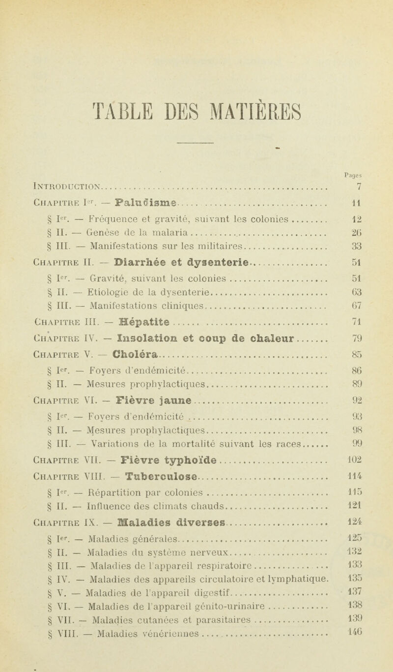 TABLE DES MATIÈRES Pages Introduction. 7 Chapitre Ier. — Paludisme. . il § Ier. — Fréquence et gravité, suivant les colonies. 12 § IL — Genèse de la malaria. 26 § III. — Manifestations sur les militaires.. 33 Chapitre IL - Diarrhée et dysenterie-.. 51 § Ier. — Gravité, suivant les colonies. 51 | IL — Etiologie de la dysenterie. 63 § III. — Manifestations cliniques. 67 Chapitre III. — Hépatite. .. 71 Chapitre IV. — Insolation et coup de chaleur..._ 79 Chapitre V. — Choléra. 85 § Ier. — Foyers d’endémicité. 86 § IL — Mesures prophylactiques. 89 Chapitre VI. — Fièvre jaune... 92 § 1er — Foyers d’endémicité .. 93 § IL — Mesures prophylactiques. 98 § III. — Variations de la mortalité suivant les races. 99 Chapitre VIL — Fièvre typhoïde .... 102 Chapitre VIII. — Tuberculose .... 114 § Ier. — Répartition par colonies... 115 § IL — Influence des climats chauds. 121 Chapitre IX. — Maladies diverses. 124 § Ier. — Maladies générales. 125 § IL — Maladies du système nerveux.. 132 § III. — Maladies de l’appareil respiratoire. ... 133 § IV. — Maladies des appareils circulatoire et lymphatique. 135 § V. — Maladies de l’appareil digestif. 137 § VI. — Maladies de l’appareil génito-urinaire. 138 § VIL — Maladies cutanées et parasitaires. 139 § VIII. — Maladies vénériennes.. 146