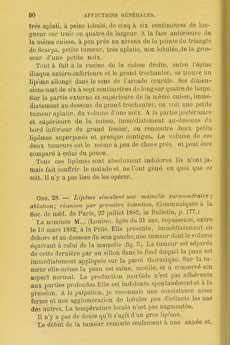 très aplati, à peine lobulé, de cinq à six centimètres de lon- gueur sur trois ou quatre de largeur. A la face antérieure de la même cuisse, à peu près au niveau de la pointe du triangle de Scarpa, petite tumeur, très aplatie, non lobulée,de la gros- seur d'une petite noix. Tout à fait à la racine de la cuisse droite, entre l'épine iliaque antéro-inférieure et le grand trochanter, se trouve un lipome allongé dans le sens de l'arcade crurale. Ses dimen- sions sont de six à sept centimètres de long sur quatre de large. Sur la partie externe et supérieure de la même cuisse, immé- diatement au-dessous du grand trochanter, on voit une petite tumeur aplatie, du volume d'une noix. A la partie postérieure et supérieure de la cuisse, immédiatement au-dessous du bord inférieur du grand fessier, on rencontre deux petits lipomes superposés et presque contigus. Le volume de ces deux tumeurs est le même à peu de chose près, et peut être comparé à celui du pouce. Tous ces lipomes sont absolument indolores. Ils n'ont ja- mais fait souffrir le malade et ne l'ont gêné en quoi que ce soit. Il n'y a pas lieu de les opérer. Obs. 28. — Lipôme simulant une mamelle surnuméraire ; ablation; réunion par première intention. (Communiquée à la Soc. de méd. de Paris, 22 juillet 18S2, in Bulletin, p. 177.) La nommée M... (Louise), âgée de 31 ans, repasseuse, entre le 13 mars 1882, à la Pitié. Elle présente, immédiatement en dehors et au-dessous du sein gauche,une tumeur dont le volume équivaut à celui de la mamelle (fig. 5). La tumeur est séparée de cette dernière par un sillon dans le fond duquel la peau est immédiatement appliquée sur la paroi thoracique. Sur la tu- meur elle-même la peau est saine, mobile, et a conservé son aspect normal. La production morbide n'est pas adhérente aux parties profondes.Elle est indolente spontanément et à la pression. A la palpation, je reconnais une consistance assez ferme et une agglomération de lobules peu distincts les uns des autres. La température locale n'est pas augmentée. Il n'y a pas de doute qu'il s'agit d'un gros lipôme. Le début de la tumeur remonte seulement à une année et.