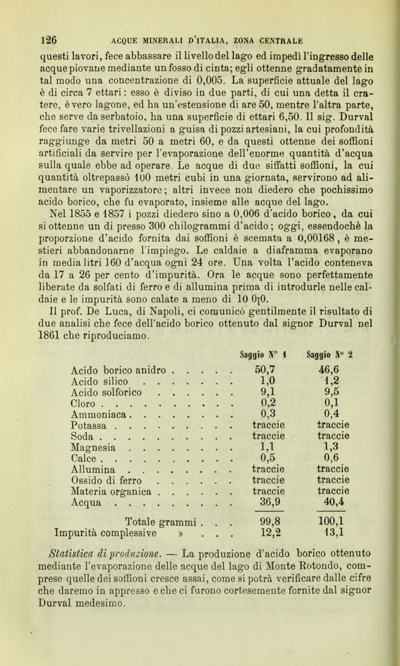 questi lavori, fece abbassare il livello del lago ed impedì l'ingresso delle acque piovane mediante un fosso di cinta; egli ottenne gradatamente in tal modo una concentrazione di 0,005. La superficie attuale del lago è di circa 7 ettari : esso è diviso in due parti, di cui una detta il cra- tere, è vero lagone, ed ha un'estensione di are 50, mentre l'altra parte, che serve da serbatoio, ha una superficie di ettari 6,50. 11 sig. Durval fece fare varie trivellazioni a guisa di pozzi artesiani, la cui profondità raggiunge da metri 50 a metri 60, e da questi ottenne dei soffioni artificiali da servire per l'evaporazione dell'enorme quantità d'acqua sulla quale ebbe ad operare. Le acque di due siffatti soffioni, la cui quantità oltrepassò 100 metri cubi in una giornata, servirono ad ali- mentare un vaporizzatore; altri invece non diedero che pochissimo acido borico, che fu evaporato, insieme alle acque del lago. Nel 1855 e 1857 i pozzi diedero sino a 0,006 d'acido borico, da cui si ottenne un di presso 300 chilogrammi d'acido; oggi, essendoché la proporzione d'acido fornita dai soffioni è scemata a 0,00168, è me- stieri abbandonarne l'impiego. Le caldaie a diaframma evaporano in media litri 160 d'acqua ogni 24 ore. Una volta l'acido conteneva da 17 a 26 per cento d'impurità. Ora le acque sono perfettamente liberate da solfati di ferro e di allumina prima di introdurle nelle cal- daie e le impurità sono calate a meno di 10 0t0. Il prof. De Luca, di Napoli, ci comunicò gentilmente il risultato di due analisi che fece dell'acido borico ottenuto dal signor Durval nel 1861 che riproduciamo. Saggio N° i Saggio K° 2 Acido borico anidro 50,7 46,6 Acido silico 1,0 1,2 Acido solforico 9,1 9,5 Cloro 0,2 0,1 Ammoniaca 0,3 0,4 Potassa traccie traccie Soda traccie traccie Magnesia 1,1 1,3 Calce 0,5 0,6 Allumina traccie traccie Ossido di ferro traccie traccie Materia organica traccie traccie Acqua 36,9 40,4 Totale grammi . . . 99,8 100,1 Impurità complessive » ... 12,2 13,1 Statistica di produzione. — La produzione d'acido borico ottenuto mediante l'evaporazione delle acque del lago di Monte Rotondo, com- prese quelle dei soffioni cresce assai, come si potrà verificare dalle cifre che daremo in appresso e che ci furono cortesemente fornite dal signor Durval medesimo.