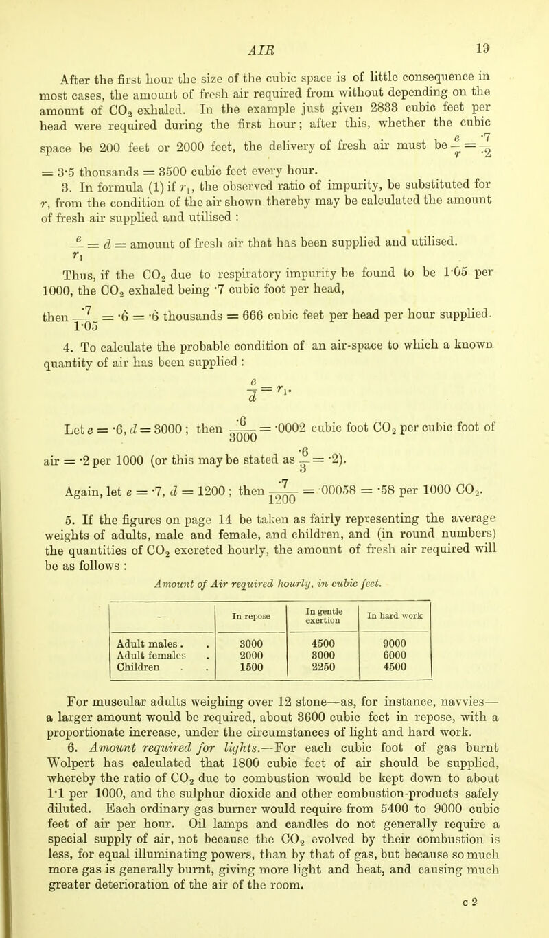 After the first hour the size of the cubic space is of little consequence in most cases, the amount of fresh air required from without depending on the amount of G02 exhaled. In the example just given 2833 cubic feet per head were required during the first hour; after this, whether the cubic space be 200 feet or 2000 feet, the delivery of fresh air must be ~ = = 3-5 thousands = 3500 cubic feet every hour. 3. In formula (1) if ru the observed ratio of impurity, be substituted for r, from the condition of the air shown thereby may be calculated the amount of fresh air supplied and utilised : — = d = amount of fresh air that has been supplied and utilised. Thus, if the C02 due to respiratory impurity be found to be 1-05 per 1000, the C02 exhaled being '7 cubic foot per head, then - 7 = -6 = b' thousands = 666 cubic feet per head per hour supplied. 1*05 4. To calculate the probable condition of an air-space to which a known quantity of air has been supplied : Let e = -6, d = 3000 ; then -7— = '0002 cubic foot C02 per cubic foot of oUUL) air = 2 per 1000 (or this may be stated as _ = *2). o Again, let e = -7, d = 1200; then = 00058 = -58 per 1000 CO,. 5. If the figures on page 14 be taken as fairly representing the average weights of adults, male and female, and children, and (in round numbers) the quantities of C02 excreted hourly, the amount of fresh air required will be as follows : Amount of Air required hourly, in cubic feet. In repose In gentle exertion In hard work Adult males. 3000 4500 9000 Adult females 2000 3000 6000 Children 1500 2250 4500 For muscular adults weighing over 12 stone—as, for instance, navvies— a larger amount would be required, about 3600 cubic feet in repose, with a proportionate increase, under the circumstances of light and hard work. 6. Amount required for lights.—For each cubic foot of gas burnt Wolpert has calculated that 1800 cubic feet of air should be supplied, whereby the ratio of C02 due to combustion would be kept down to about l'l per 1000, and the sulphur dioxide and other combustion-products safely diluted. Each ordinary gas burner would require from 5400 to 9000 cubic feet of air per hour. Oil lamps and candles do not generally require a special supply of air, not because the C02 evolved by their combustion is less, for equal illuminating powers, than by that of gas, but because so much more gas is generally burnt, giving more light and heat, and causing much greater deterioration of the air of the room. c 2