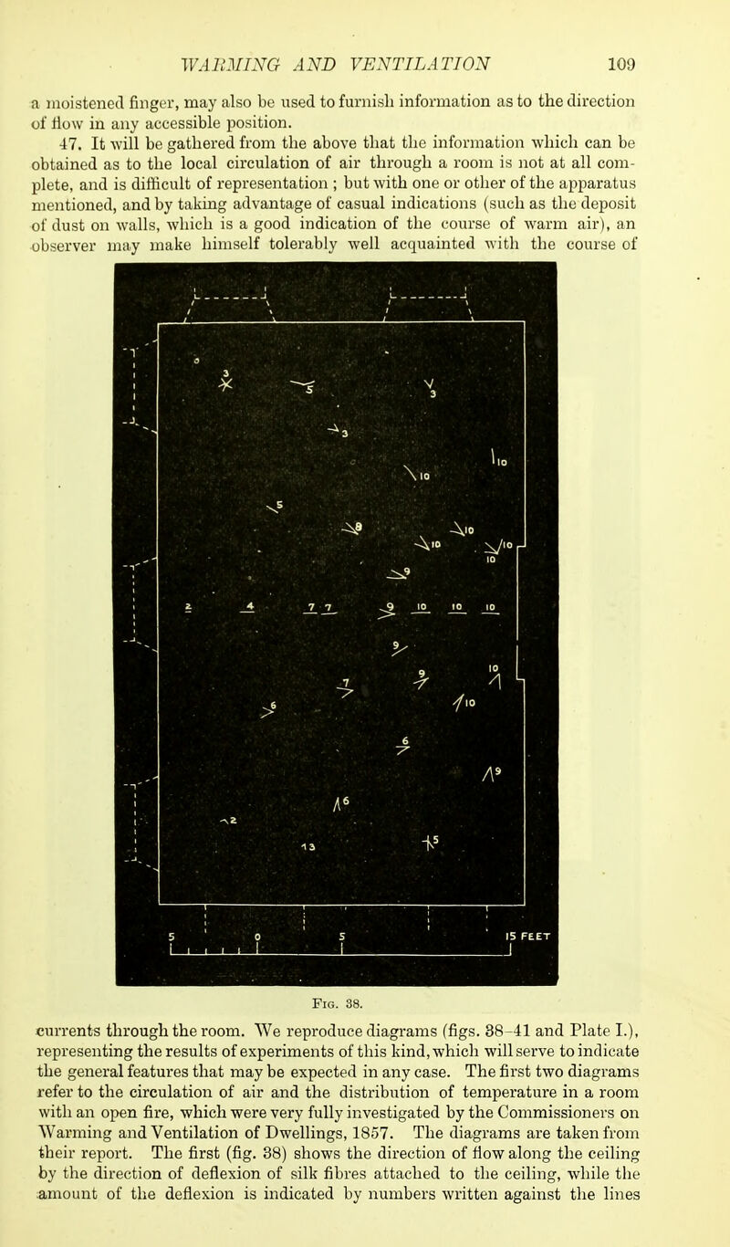 a moistened finger, may also be used to furnish information as to the direction of How in any accessible position. 47. It will be gathered from the above that the information which can be obtained as to the local circulation of air through a room is not at all com- plete, and is difficult of representation ; but with one or other of the apparatus mentioned, and by taking advantage of casual indications (such as the deposit of dust on walls, which is a good indication of the course of warm air), an observer may make himself tolerably well acquainted with the course of Fig. 38. currents through the room. We reproduce diagrams (figs. 38-41 and Plate I.), representing the results of experiments of this kind, which will serve to indicate the general features that may be expected in any case. The first two diagrams refer to the circulation of air and the distribution of temperature in a room with an open fire, which were very fully investigated by the Commissioners on Warming and Ventilation of Dwellings, 1857. The diagrams are taken from their report. The first (fig. 38) shows the direction of flow along the ceiling by the direction of deflexion of silk fibres attached to the ceiling, while the amount of the deflexion is indicated by numbers written against the lines