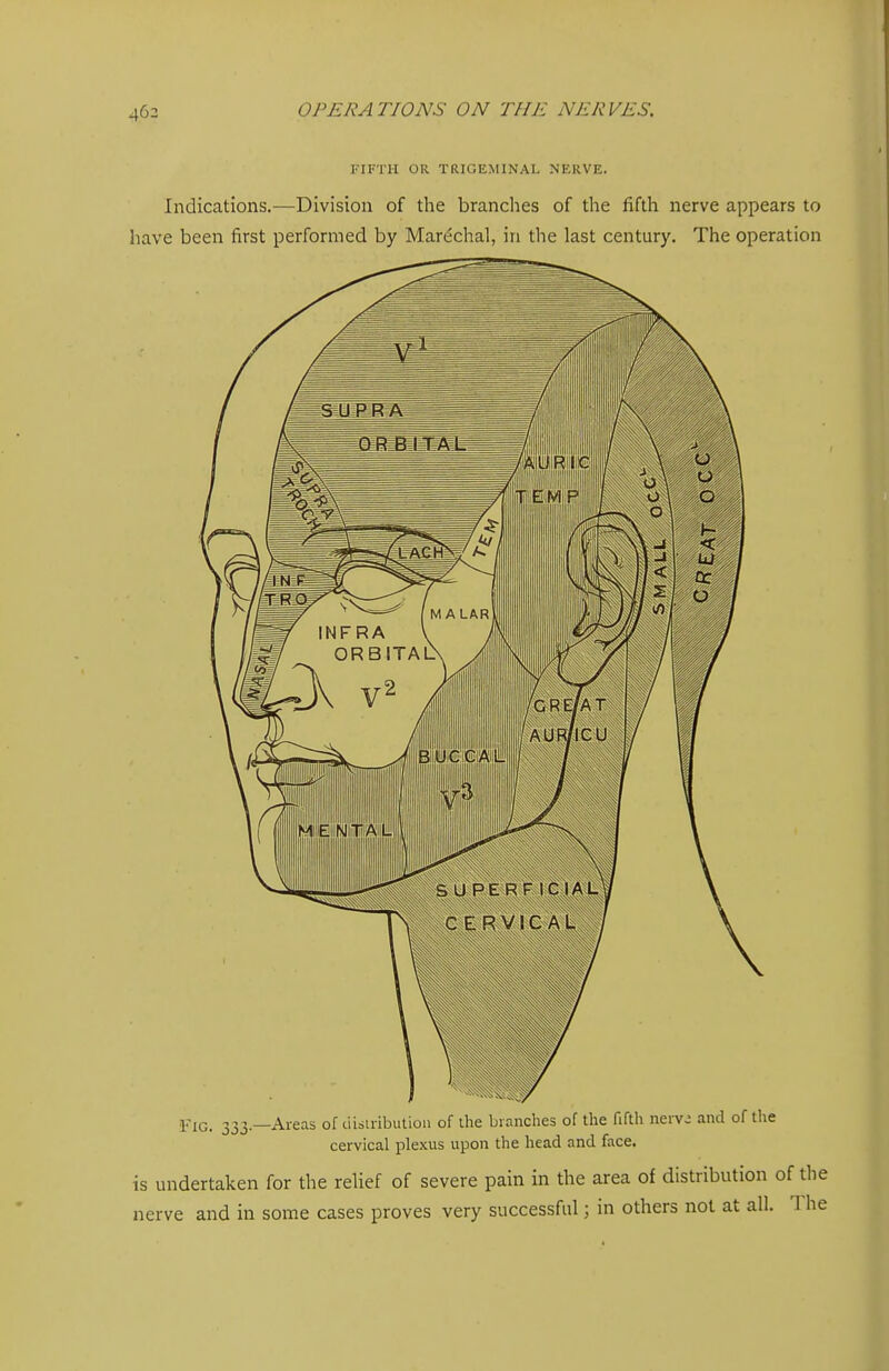 FIFTH OR TRIGEMINAL NERVE. Indications.—Division of the branches of the fifth nerve appears to have been first performed by Marechal, in the last century. The operation iTiG. 333.—Areas of distribution of ihe branches of the fifth nervj and of the cervical plexus upon the head and face. is undertaken for the relief of severe pain in the area of distribution of the nerve and in some cases proves very successful; in others not at all. The