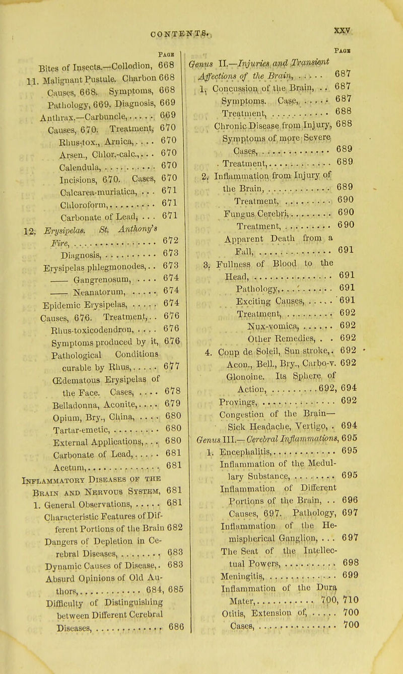 OONTENT,^., Faqb Bites of Insects—Collodion, 668 11. Malignant Pustule. Cliarbon668 Causes, 668, Symptoms, 668 Pathology, 669. Diagnosis, 669 Anthrax,—Carbuncle, 669 Causes, 670. Treatment, 670 Rhus-tox., Ai-nica,. . .. 670 Arsen., ChlQr,-calc.,.. . 670 Calendula, 670 Incisions, 670. Cases, 670 Calcarea-muriatica, ... 671 Chloroform,. 671 Carbonate of Lead^ ... 671 12 Erysipelas. St. Anthony's FUre,. 672 Diagnosis, 673 Erysipelas phlegmonodes,. . 673 . Gangrenosum, .... 674 Neanatorum, 674 Epidemic Erysipelas, ..... 674 Causes, 676. Treatment, . . 676 Rhus-toxicodendron, .... 676 Symptoms produced by it, 676 Pathological Conditions curable by Rhus, 677 (Edematous Erysipelas of the Face. Cases, .... 678 Belladonna, Aconite,. ... 679 Opium, Bry., China, 680 Tartar-emetic, 680 External Applications,. . . 680 Carbonate of Lead, 681 Acetum, 681 Inflammatobt Diseases of the Brain and Nervous System, 681 1. General Observations, ..... 681 Characteristic Features of Dif- ferent Portions of tiie Brain 682 Dangers of Depletion in Ce- rebral Diseases, 683 Dynamic Causes of Disease,. 683 Absurd Opinions of Old Au- thors, 684, 685 Difficulty of Distinguishing between Different Cerebral Diseases, 686 Faob Genus II.—Injiines^ ap4 ^r^Jisieait Affections of the Brain, . ; . . • 687 1, Concu8sioi\ ,of the. Br^in, .. 687 Symptoms. CasPi, . . . • • 687 Treatuieut, 688 Chronic Disease from Inj ury., 688 Syipploms of, mpve; Spypre, Cases, 689 . Treatment, • 689 2.r Inflammatioa from Injury of the Brain, 689 Treatment, 690 Fungus. Cerebri, 690 Treatment, 690 Apparent Death fr,oi» a Fall, . ...... 691 3, Fullness of Blood to the Head, 691 Pathology,...-; 691 Exciting Caiases, '691 Treatment, 692 ISfux-yomica, 692 Other Remedies, . . 692 4. Coup de Soleil, Sun stroke,. 692 Aeon., Bell., Bry., Curbo-v. 692 Glonoine. Its Sphere, of Action, ....... ..692, 694 Proyings, 692 Congestion of the Brain- sick Headache, Vertigo, . 694 Oenus III.— Cerebral Inflammations., 695 1. Encephalitis, 695 Inflammation of the Medul- lary Substance, 695 Inflammation of Different Portions pf the Bi'ain, . . 696 Causes, 697. Pathology, 697 Inflammation of the He- mispherical Ganglion, ... 697 The Seat of thp, Intellec- tual Powers, 698 Meningitis • 699 Inflammation of the Dur^ Mater,. 700, 710 Otitis, Extension of, 700 Cases, 700