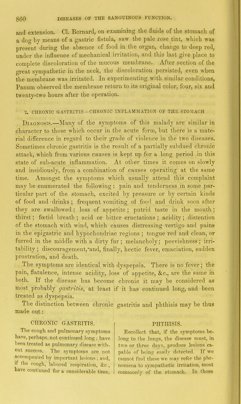 and extension. CI. Bernard, on examining the fluids of the stomach of a dog by means of a gastric fistula, saw the pale rose tint, which was present during the absence of food in the organ, change to deep red, under the influence of mechanical irritation, and this last give place to complete discoloration of the mucous membrane. After section of the great sympathetic in the neck, the discoloration persisted, even when the membrane was irritated. In experimenting with similar conditions, Panum observed the membrane return to its original color, four, six and twenty-two hours after the operation. 2. CHRONIC GASTRITIS-CHRONIC INFLAMMATION OP THE STOMACH Diagnosis.—Many of the symptoms of this malady are similar in character to those which occur in the acute form, but there is a mate- rial difiierence in regard to their grade of violence in the two diseases. Sometimes chronic gastritis is the result of a partially subdued chronic attack, which from various causes is kept up for a long period in this state of sub-acute inflammation. At other times it comes on slowly and insidiously, from a combination of causes operating at the same time. Amongst the symptoms which usually attend this complaint may be enumerated the following : pain and tenderness in some par- ticular part of the stomach, excited by pressure or by certain kinds of food and-drinks; frequent vomiting of food and drink soon after they are swallowed; loss of appetite; putrid taste in the mouth ; thirst; foetid breath ; acid or bitter eructations ; acidity; distention of the stomach with wind, which causes distressing vertigo and pains in the epigastric and hypochondriac regions ; tongue red and clean, or furred in the middle with a dirty fur ; melancholy; peevishness ; irri- tability ; discouragementj'and, finally, hectic fever, emaciation, sudden prostration, and death. The symptoms are identical with dyspepsia. There is no fever; the pain, flatulence, intense acidity, loss of appetite, &c., are the same in both. If the disease has become chronic it may be considered as most probably gastritis, at least if it has continued long, and been treated as dyspepsia. The distinction between chronic gastritis and phthisis may be thus made out: CHRONIC GASTRITTS. The cough and pulmonary sj'mptoms have, perhaps, not continued long; have been treated as pulmonary disease with- out success. The symptoms are not accompanied by important lesions ; and, if the cough, labored respiration, &c , have continued for a considerable time, PHTHISIS. Recollect that, if the symptoms be- long to the lungs, the disease must, in two or three days, produce lesions ca- pable of being easily detected. If we cannot find these we may refer the phe- nomena to sympathetic irritation, most commonly of the stomach. In those