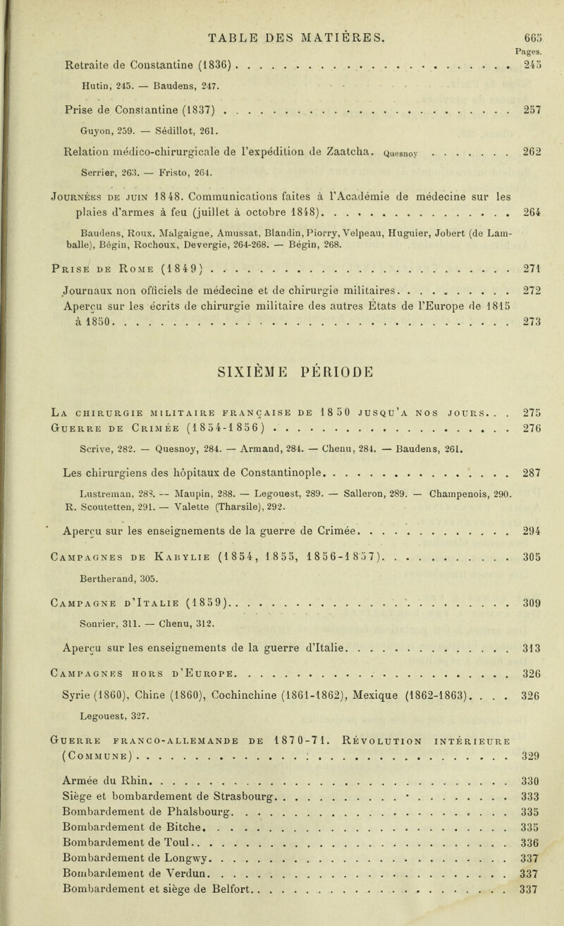 Pages. Retraite de Constantine (1836). 245 Hutin, 245. — Baudens, 247. Prise de Constantine (1837). 257 Guy on, 259. — Sédillot, 261. Relation médico-chirurgicale de l’expédition de Zaatcha. Quesnoy.262 Serrier, 263. — Fristo, 264. Journées de juin 18 48. Communications faites à l’Académie de médecine sur les plaies d’armes à feu (juillet à octobre 1848). 264 Baudens, Roux, M&lgaigne, Amussat, Blandin, Piorry, Velpeau, Huguier, Jobert (de Lam- balle), Bégin, Rochoux, Devergie, 264-268. — Bégin, 268. Prise de Rome (1849). 271 Journaux non officiels de médecine et de chirurgie militaires.272 Aperçu sur les écrits de chirurgie militaire des autres États de l’Europe de 1815 à 1850. 273 SIXIÈME PÉRIODE La chirurgie militaire française de 18 50 jusqu’à nos jours.. . 275 Guerre de Crimée (1854-1 856 ) .. 276 Scrive, 282. — Quesnoy, 284. — Armand, 284. — Chenu, 284. — Baudens, 261. Les chirurgiens des hôpitaux de Constantinople.287 Lustreman, 288. — Maupin, 288. — Legouest, 289. — Salleron, 289. — Champenois, 290. R. Scoutetten, 291. — Valette (Tharsile), 292. Aperçu sur les enseignements de la guerre de Crimée.294 Campagnes de Kabylie (1 854, 1 855, 1 856-1 857). 305 Bertherand, 305. Campagne d’Italie (1859). 309 Sonrier, 311. — Chenu, 312. Aperçu sur les enseignements de la guerre d’Italie.313 Campagnes hors d’Europe. 326 Syrie (1860), Chine (1860), Cochinchine (1861-1862), Mexique (1862-1863). . . . 326 Legouest, 327. Guerre franco-allemande de 1870-71. Révolution intérieure (Commune)...329 Armée du Rhin.330 Siège et bombardement de Strasbourg.*.333 Bombardement de Phalsbourg. 335 Bombardement de Bitche.335 Bombardement de Toul.336 Bombardement de Longwy.337 Bombardement de Verdun.337 Bombardement et siège de Belfort. 337