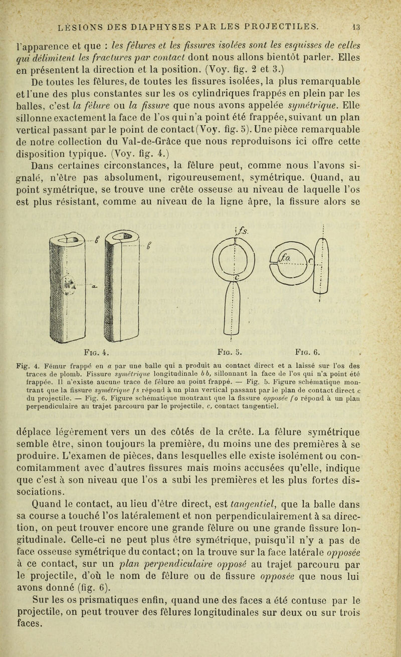 l’apparence et que : les fêlures et les fissures isolées sont les esquisses de celles qui délimitent les fractures 'par contact dont nous allons bientôt parler. Elles en présentent la direction et la position. (Voy. fig. 2 et 3.) De toutes les fêlures, de toutes les fissures isolées, la plus remarquable et l’une des plus constantes sur les os cylindriques frappés en plein par les balles, c’est la fêlure ou la fissure que nous avons appelée symétrique. Elle sillonne exactement la face de l’os qui n’a point été frappée, suivant un plan vertical passant parle point de contact (Voy. fig. 5). Une pièce remarquable de notre collection du Val-de-Grâce que nous reproduisons ici offre cette disposition typique. (Voy. fig. 4.) Dans certaines circonstances, la fêlure peut, comme nous l’avons si¬ gnalé, n’être pas absolument, rigoureusement, symétrique. Quand, au point symétrique, se trouve une crête osseuse au niveau de laquelle l’os est plus résistant, comme au niveau de la ligne âpre, la fissure alors se Fig. 4. Fig. 4. Fémur frappé en a par une balle qui a produit au contact direct et a laissé sur l’os des traces de plomb. Fissure symétrique longitudinale b b, sillonnant la face de l’os qui n’a point été frappée. Il n’existe aucune trace de fêlure au point frappé. — Fig. 5. Figure schématique mon¬ trant que la fissure symétrique fs répond à un plan vertical passant par le plan de contact direct c du projectile. — Fig. 6. Figure schématique montrant que la fissure opposée fo répond à un plan perpendiculaire au trajet parcouru par le projectile, c, contact tangentiel. déplace légèrement vers un des côtés de la crête. La fêlure symétrique semble être, sinon toujours la première, du moins une des premières à se produire. L’examen de pièces, dans lesquelles elle existe isolément ou con¬ comitamment avec d’autres fissures mais moins accusées qu’elle, indique que c’est à son niveau que l’os a subi les premières et les plus fortes dis¬ sociations. Quand le contact, au lieu d’être direct, est tangentiel, que la balle dans sa course a touché l’os latéralement et non perpendiculairement à sa direc¬ tion, on peut trouver encore une grande fêlure ou une grande fissure lon¬ gitudinale. Celle-ci ne peut plus être symétrique, puisqu’il n’y a pas de face osseuse symétrique du contact; on la trouve sur la face latérale opposée à ce contact, sur un plan perpendiculaire opposé au trajet parcouru par le projectile, d’où le nom de fêlure ou de fissure opposée que nous lui avons donné (fig. 6). Sur les os prismatiques enfin, quand une des faces a été contuse par le projectile, on peut trouver des fêlures longitudinales sur deux ou sur trois faces.