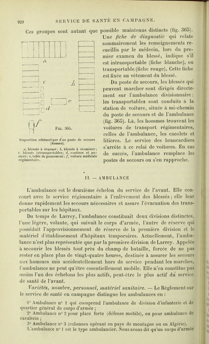 Ces groupes sont autant que Disposition schématique d’un poste de secours (Robert). a, blessés à évacuer; 6, blessés à examiner; c. blessés intransportables; d, cantines et pa¬ niers; e, table de pansement; f, voiture médicale régimentaire. possible maintenus distincts (fig. 365). Une fiche de diagnostic qui relate sommairement les renseignements re¬ cueillis par le médecin, lors du pre¬ mier examen du blessé, indique s’il est intransportable (fiche blanche), ou transportable (fiche rouge). Cette fiche est fixée au vêtement du blessé. Du poste de secours, les blessés qui peuvent marcher sont dirigés directe¬ ment sur l’ambulance divisionnaire ; les transportables sont conduits à la station de voiture, située à mi-chemin du poste de secours et de l’ambulance (fig. 365). Là, les hommes trouvent les voitures de transport régimentaires, celles de l’ambulance, les cacolets et litières. Le service des brancardiers s’arrête à ce relai de voitures. En cas de succès, l’ambulance remplace les postes de secours ou s’en rapproche. II. — AMBULANCE L’ambulance est le deuxième échelon du service de l’avant. Elle con¬ court avec le service régimentaire à l’enlèvement des blessés ; elle leur donne rapidement les secours nécessaires et assure l’évacuation des trans¬ portables sur les hôpitaux. Du temps de Larrey, l’ambulance constituait deux divisions distinctes, l’une légère, volante, qui suivait le corps d’armée, l'autre de réserve qui possédait l’approvisionnement de réserve de la première division et le matériel d’établissement d’hôpitaux temporaires. Actuellement, l’ambu¬ lance n’est plus représentée que par la première division de Larrey. Appelée à secourir les blessés tout près du champ de bataille, forcée de ne pas rester en place plus de vingt-quatre heures, destinée à assurer les secours aux hommes mis accidentellement hors de service pendant les marches, l’ambulance ne peut qu’être essentiellement mobile. Elle n’en constitue pas moins l’un des échelons les plus actifs, peut-être le plus actif du service de santé de l'avant. Variétés, nombre, personnel, matériel sanitaire. — Le Règlement sur le service de santé en campagne distingue les ambulances en : 1° Ambulance n° 1 qui comprend l’ambulance de division d’infanterie et de quartier général de corps d’armée ; 2° Ambulance n° 2 pour place forte (défense mobile), ou pour ambulance de cavalerie ; 3° Ambulance n° 3 (colonnes opérant en pays de montagne ou en Algérie). L’ambulance n° 1 est le type ambulancier. Nous avons dit qu’un corps d’armée