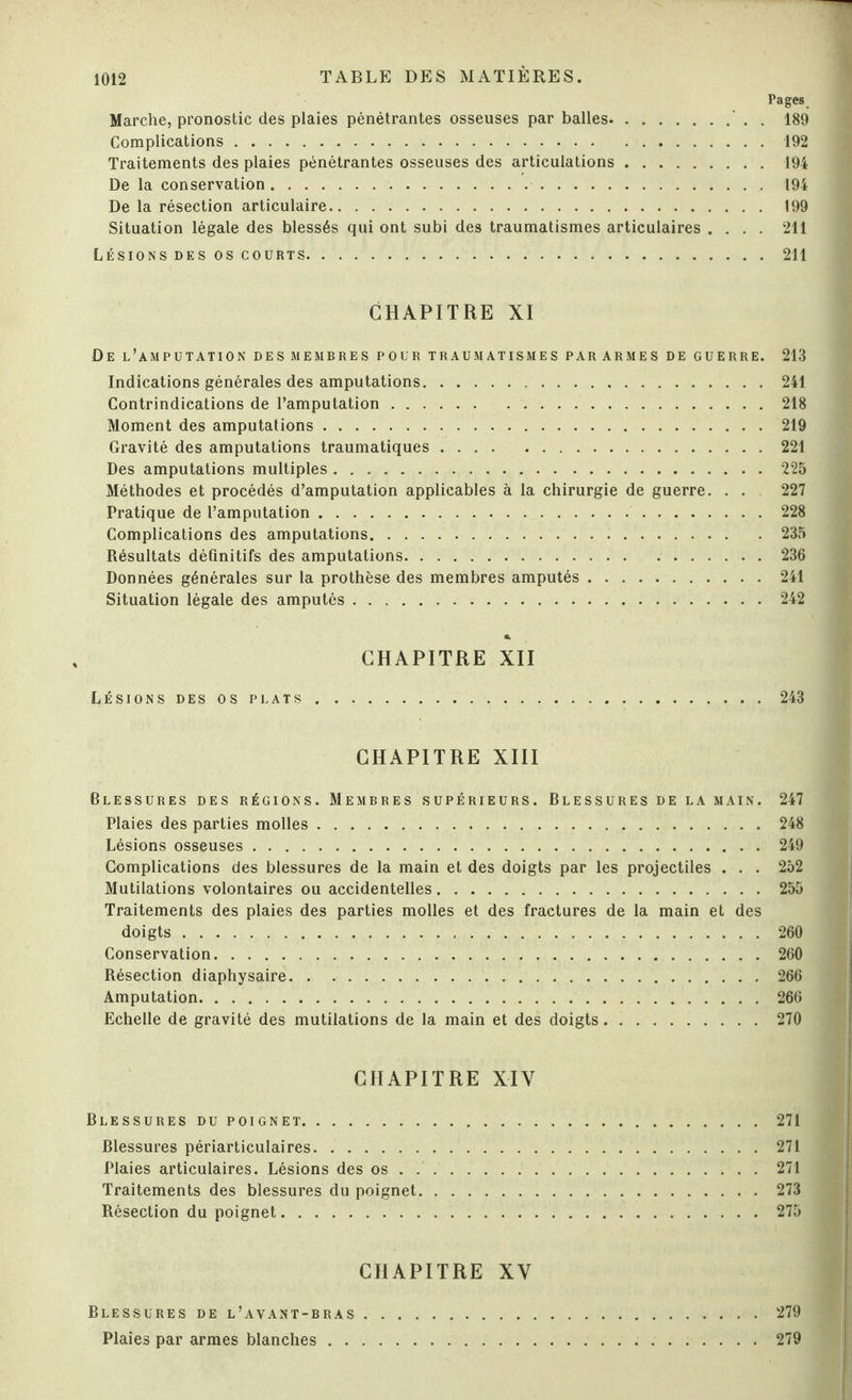 Pages Marche, pronostic des plaies pénétrantes osseuses par balles.. . 189 Complications.192 Traitements des plaies pénétrantes osseuses des articulations.194 De la conservation.. 194 De la résection articulaire. 199 Situation légale des blessés qui ont subi des traumatismes articulaires .... 211 Lésions des os courts.211 CHAPITRE XI De l’amputation des membres pour traumatismes par armes de guerre. 213 Indications générales des amputations.241 Contrindications de l’amputation.218 Moment des amputations.219 Gravité des amputations traumatiques.221 Des amputations multiples.225 Méthodes et procédés d’amputation applicables à la chirurgie de guerre. . . 227 Pratique de l’amputation. 228 Complications des amputations.235 Résultats définitifs des amputations.236 Données générales sur la prothèse des membres amputés.241 Situation légale des amputés.242 * CHAPITRE XII Lésions des os plats.243 CHAPITRE XIII Blessures des régions. Membres supérieurs. Blessures de la main. 247 Plaies des parties molles.248 Lésions osseuses.249 Complications des blessures de la main et des doigts par les projectiles . . . 252 Mutilations volontaires ou accidentelles.255 Traitements des plaies des parties molles et des fractures de la main et des doigts.260 Conservation.260 Résection diaphysaire.266 Amputation.266 Echelle de gravité des mutilations de la main et des doigts.270 CHAPITRE XIV Blessures du poignet.271 Blessures périarticulaires.271 Plaies articulaires. Lésions des os.271 Traitements des blessures du poignet.273 Résection du poignet.275 CHAPITRE XV Blessures de l’avant-bras . 279 Plaies par armes blanches.279