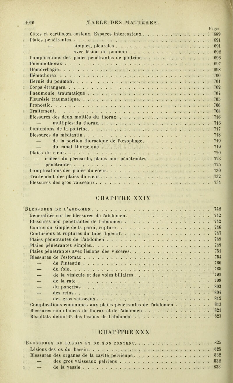 Pages Côtes et cartilages costaux. Espaces intercostaux. 689 Plaies pénétrantes.691 — simples, pleurales.691 — avec lésion du poumon.692 Complications des plaies pénétrantes de poitrine.696 Pneumothorax.697 Hémorrhagie.698 Hémothorax.700 Hernie du poumon.701 Corps étrangers.702 Pneumonie traumatique.704 Pleurésie traumatique.705 Pronostic.706 Traitement.708 Blessures des deux moitiés du thorax.716 — multiples du thorax.716 Contusions de la poitrine.717 Blessures du médiastin. 718 — de la portion thoracique de l’œsophage.719 — du canal thoracique.719 Plaies du cœur.720 t— isolées du péricarde, plaies non pénétrantes.723 — pénétrantes.725 Complications des plaies du cœur.730 Traitement des plaies du cœur.732 Blessures des gros vaisseaux.734 CHAPITRE XXIX Blessures de l’abdomen.742 Généralités sur les blessures de l’abdomen. 742 Blessures non pénétrantes de l’abdomen.742 Contusion simple de la paroi, rupture.746 Contusions et ruptures du tube digestif..747 Plaies pénétrantes de l’abdomen.749 Plaies pénétrantes simples. .749 Plaies pénétrantes avec lésions des viscères.751 Blessures de l’estomac.754 — de l’intestin.760 — du foie. 785 — de la vésicule et des voies biliaires.792 — de la rate.798 — du pancréas. 803 — des reins.804 — des gros vaisseaux..812 Complications communes aux plaies pénétrantes de l’abdomen.813 Blessures simultanées du thorax et de l’abdomen. 821 Résultats définitifs des lésions de l’abdomen.823 CHAPITRE XXX Blessures du bassin et de son contenu.825 Lésions des os du bassin. 825 Blessures des organes de la cavité pelvienne.832 — des gros vaisseaux pelviens.832 — de la vessie.833