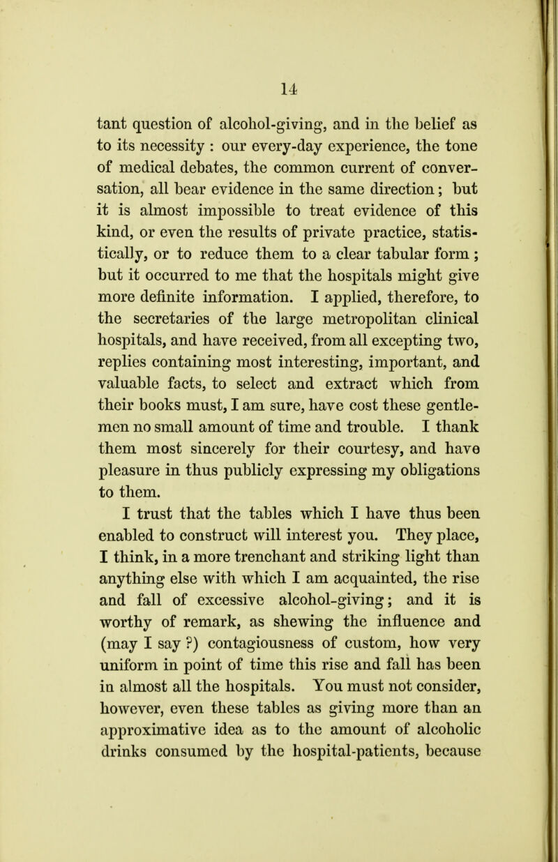 tant question of alcohol-giving, and in the belief as to its necessity : our every-day experience, the tone of medical debates, the common current of conver- sation, all bear evidence in the same direction; but it is almost impossible to treat evidence of this kind, or even the results of private practice, statis- tically, or to reduce them to a clear tabular form; but it occurred to me that the hospitals might give more definite information. I applied, therefore, to the secretaries of the large metropolitan clinical hospitals, and have received, from all excepting two, replies containing most interesting, important, and valuable facts, to select and extract which from their books must, I am sure, have cost these gentle- men no small amount of time and trouble. I thank them most sincerely for their courtesy, and have pleasure in thus publicly expressing my obligations to them. I trust that the tables which I have thus been enabled to construct will interest you. They place, I think, in a more trenchant and striking light than anything else with which I am acquainted, the rise and fall of excessive alcohol-giving; and it is worthy of remark, as shewing the influence and (may I say ?) contagiousness of custom, how very uniform in point of time this rise and fall has been in almost all the hospitals. You must not consider, however, even these tables as giving more than an approximative idea as to the amount of alcoholic drinks consumed by the hospital-patients, because