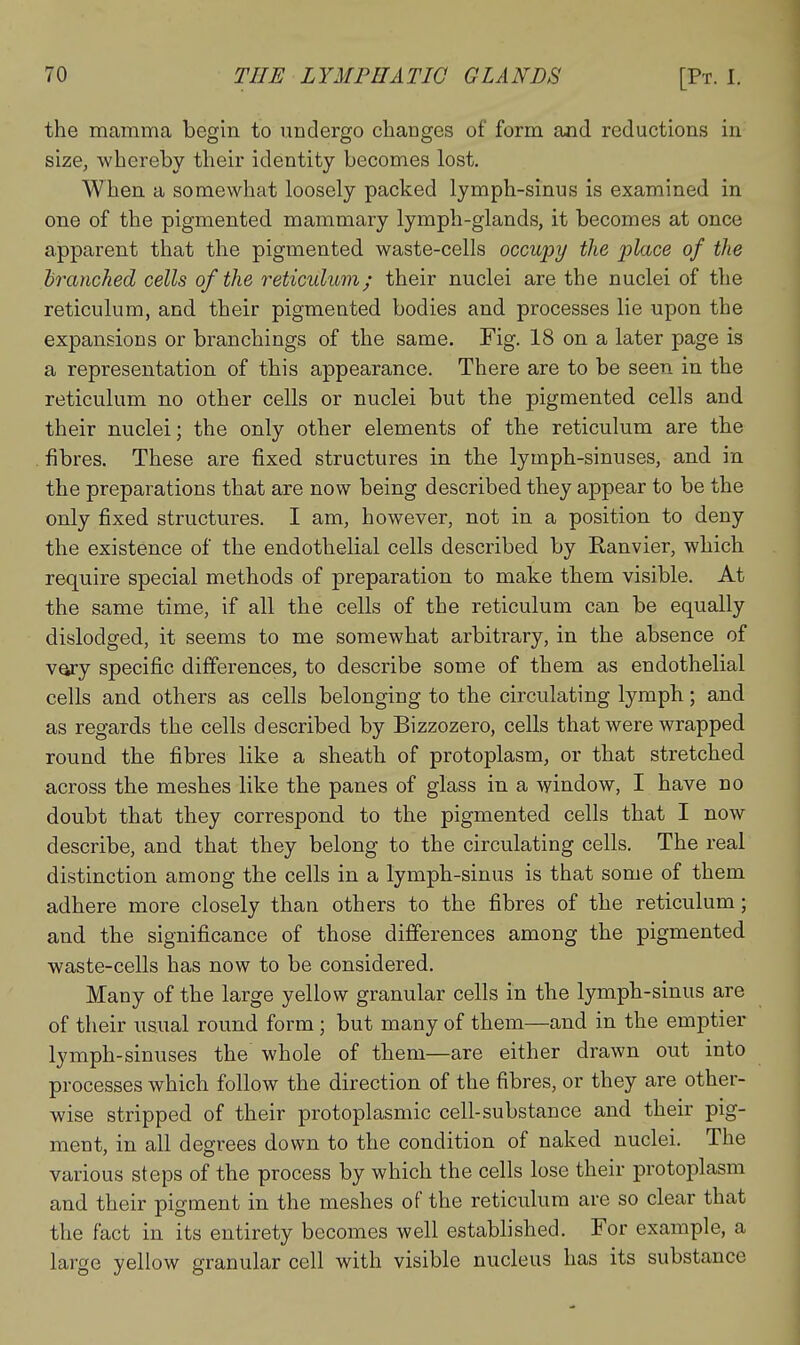 the mamma begin to undergo changes of form and reductions in size, whereby their identity becomes lost. When a somewhat loosely packed lymph-sinus is examined in one of the pigmented mammary lymph-glands, it becomes at once apparent that the pigmented waste-cells occupy the place of the branched cells of the reticulum; their nuclei are the nuclei of the reticulum, and their pigmented bodies and processes lie upon the expansions or branchings of the same. Fig. 18 on a later page is a representation of this appearance. There are to be seen in the reticulum no other cells or nuclei but the pigmented cells and their nuclei; the only other elements of the reticulum are the fibres. These are fixed structures in the lymph-sinuses, and in the preparations that are now being described they appear to be the only fixed structures. I am, however, not in a position to deny the existence of the endothelial cells described by Eanvier, which require special methods of preparation to make them visible. At the same time, if all the cells of the reticulum can be equally dislodged, it seems to me somewhat arbitrary, in the absence of vary specific differences, to describe some of them as endothelial cells and others as cells belonging to the circulating lymph; and as regards the cells described by Bizzozero, cells that were wrapped round the fibres like a sheath of protoplasm, or that stretched across the meshes like the panes of glass in a window, I have no doubt that they correspond to the pigmented cells that I now describe, and that they belong to the circulating cells. The real distinction among the cells in a lymph-sinus is that some of them adhere more closely than others to the fibres of the reticulum; and the significance of those differences among the pigmented waste-cells has now to be considered. Many of the large yellow granular cells in the lymph-sinus are of their usual round form; but many of them—and in the emptier lymph-sinuses the whole of them—are either drawn out into processes which follow the direction of the fibres, or they are other- wise stripped of their protoplasmic cell-substance and their pig- ment, in all degrees down to the condition of naked nuclei. The various steps of the process by which the cells lose their protoplasm and their pigment in the meshes of the reticulum are so clear that the fact in its entirety becomes well established. For example, a large yellow granular cell with visible nucleus has its substance