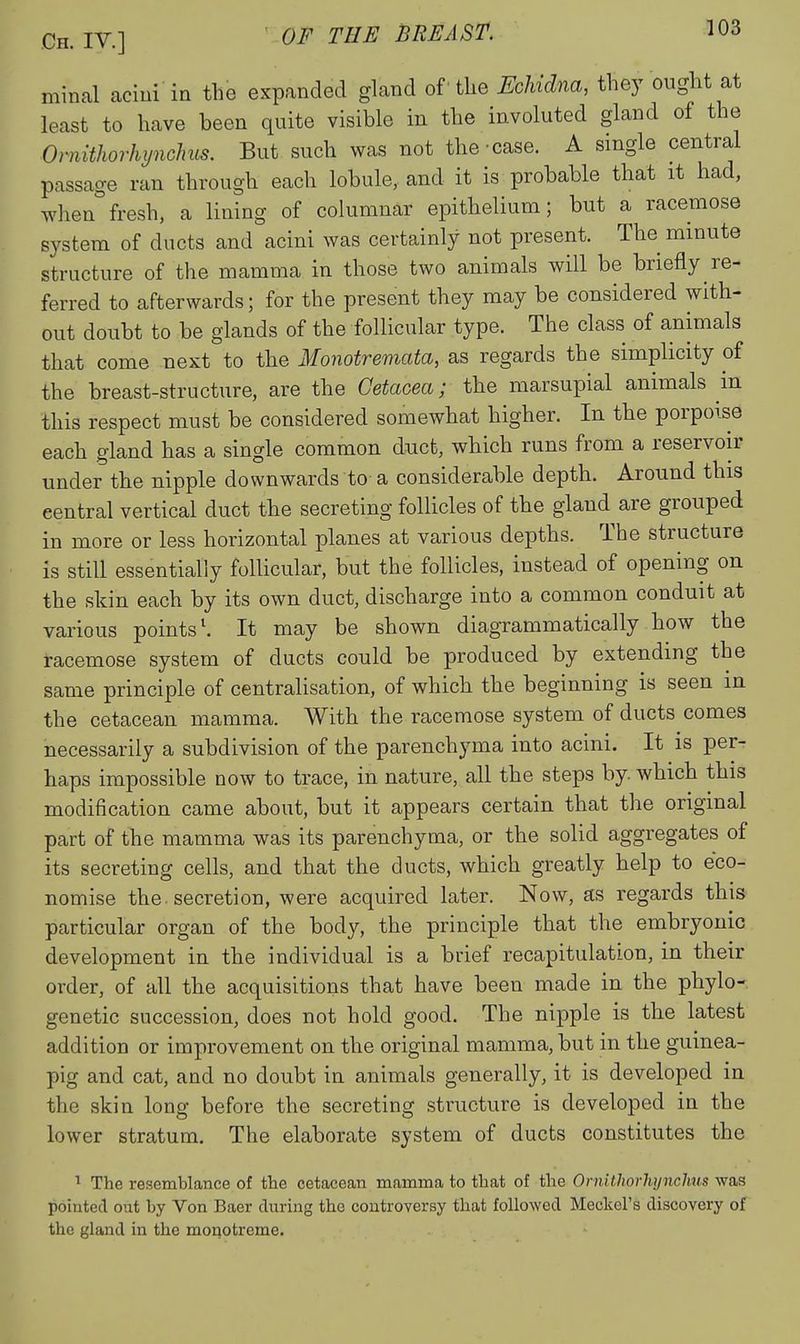 minal aciui in the expanded gland of' the Echidna, they ought at least to have been quite visible in the involuted gland of the Ornithorhynchus. But such was not the-case. A single central passage ran through each lobule, and it is probable that it had, whenfresh, a lining of columnar epithelium; but a racemose system of ducts and acini was certainly not present. The minute structure of the mamma in those two animals will be briefly re- ferred to afterwards; for the present they may be considered with- out doubt to be glands of the follicular type. The class of animals that come next to the Monotremata, as regards the simplicity of the breast-structure, are the Getacea; the marsupial animals in this respect must be considered somewhat higher. In the porpoise each gland has a single common duct, which runs from a reservoir under the nipple downwards to a considerable depth. Around this central vertical duct the secreting follicles of the gland are grouped in more or less horizontal planes at various depths. The structure is still essentially follicular, but the follicles, instead of opening on the skin each by its own duct, discharge into a common conduit at various points'. It may be shown diagrammatically how the racemose system of ducts could be produced by extending the same principle of centralisation, of which the beginning is seen in the cetacean mamma. With the racemose system of ducts comes necessarily a subdivision of the parenchyma into acini. It is per- haps impossible now to trace, in nature, all the steps by. which this modification came about, but it appears certain that the original part of the mamma was its parenchyma, or the solid aggregates of its secreting cells, and that the ducts, which greatly help to eco- nomise the secretion, were acquired later. Now, as regards this particular organ of the body, the principle that the embryonic development in the individual is a brief recapitulation, in their order, of all the acquisitions that have been made in the phylo- genetic succession, does not hold good. The nipple is the latest addition or improvement on the original mamma, but in the guinea- pig and cat, and no doubt in animals generally, it is developed in the skin long before the secreting structure is developed in the lower stratum. The elaborate system of ducts constitutes the 1 The resemblance of the cetacean mamma to that of the Ornitliorhijnchus pohited out by Von Baer dtxring the controversy that followed Meckel's discovery of the gland in the monotreme.