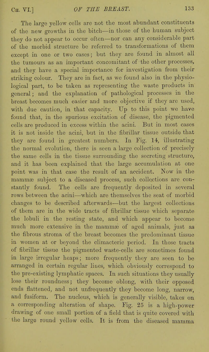The large yellow cells are not the most abundant constituents of the new growths in the bitch—in those of the human subject they do not appear to occur often—nor can any considerable part of the morbid structure be referred to transformations of them except in one or two cases; but they are found in almost all the tumours as an important concomitant of the other processes, and they have a special importance for investigation from their striking colour. They are in fact, as we found also in the physio- logical part, to be taken as representing the waste products in general; and the explanation of pathological processes in the breast becomes much easier and more objective if they are used, with due caution, in that capacity. Up to this point we have found that, in the spurious excitation of disease, the pigmented cells are produced in excess within the acini. But in most cases it is not inside the acini, but in the fibrillar tissue outside that they are found in greatest numbers. In Fig. 14, illustrating the normal evolution, there is seen a large collection of precisely the same cells in the tissue surrounding the secreting structure, and it has been explained that the large accumulation at one point was in that case the result of an accident. Now in the mammae subject to a diseased process, such collections are con- stantly found. The cells are frequently deposited in several rows between the acini—which are themselves the seat of morbid changes to be described afterwards—but the largest collections of them are in the wide tracts of fibrillar tissue which separate the lobuli in the resting state, and which appear to become much more extensive in the mammae of aged animals, just as the fibrous stroma of the breast becomes the predominant tissue in women at or beyond the climacteric period. In those tracts of fibrillar tissue the pigmented waste-cells are sometimes found in large irregular heaps; more frequently they are seen to be arranged in certain regular lines, which obviously correspond to the pre-existing lymphatic spaces. In such situations they usually lose their roundness; they become oblong, with their opposed ends flattened, and not unfrequently they become long, narrow, and fusiform. The nucleus, which is generally visible, takes on a corresponding alteration of shape. Fig. 25 is a high-power drawing of one small portion of a field that is quite covered with the large round yellow cells. It is from the diseased mamma