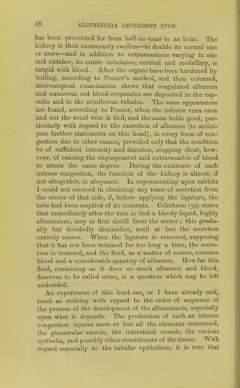 has boon prevented for from half-an-hour to an liour. The kidney is then enormously swollen—to double its normal size or more—and in addition to extravasations varying in size and number, its entire substance, cortical and medullary, i& turgid with blood. After the organs have been hardened by boiling, according to Posner's method, and then coloured, microscopical examination shows that coagulated albumen and numerous red blood-corpuscles are deposited in the cap- sules and in the uriniferous tubules. The same appearances are found, according to Posner, when the inferior vena cava and not the renal vein is tied, and the same holds good, par- ticularly with regard to the excretion of albumen (to antici- pate further statements on this head), in every form of con- gestion due to other causes, provided only that the condition be of sufficient intensity and duration, stopping short, how- ever, of causing the engorgement and extravasation of blood to attain the same degree. During the existence of such intense congestion, the function of the kidney is almost, if not altogether, in abeyance. In experimenting upon rabbits I could not succeed in obtaining any trace of secretion from the ureter of that side, if, before applying the ligature, the tube had been emptied of its contents. Cohnheim (59) states that immediately after the vein is tied a bloody liquid, highly albuminous, may at first distill from the ureter; this gradu- ally but decidedly diminishes, until at last the secretion entirely ceases. When the ligature is removed, supposing that it has not been retained for too long a time, the secre- tion is restored, and the fluid, as a matter of course, contains blood and a considerable quantity of albumen. How far this fluid, containing as it does so much albumen and blood, deserves to be called urine, is a question which may be left undecided. An experiment of this kind can, as I have already said, teach us nothing with regard to the order of sequence of the process of the development of the albuminuria, especially upon what it depends. The production of such an intense congestion injures more or less all the elements concerned, the glomerular vessels, the interstitial vessels, the various epithelia, and possibly other constituents of the tissue. With regard especially to the tubular epithelium, it is true that