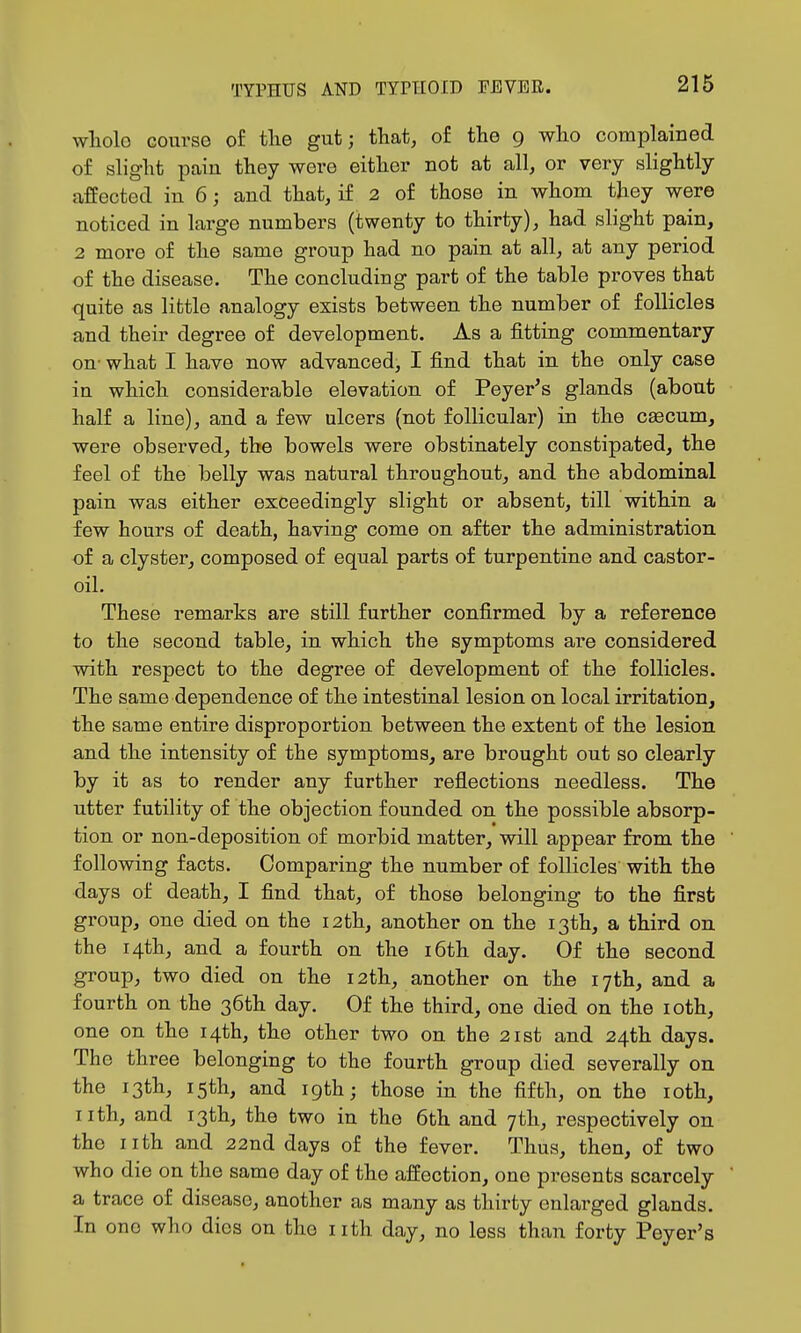 whole course of tlie gut; that, of the 9 who complained of slight pain they were either not at all, or very slightly affected in 6; and that, if 2 of those in whom they were noticed in large numbers (twenty to thirty), had slight pain, 2 more of the same group had no pain at all, at any period of the disease. The concluding part of the table proves that quite as little analogy exists between the number of follicles and their degree of development. As a fitting commentary on- what I have now advanced, I find that in the only case in which considerable elevation of Peyer's glands (about half a line), and a few ulcers (not follicular) in the caecum, were observed, the bowels were obstinately constipated, the feel of the belly was natural throughout, and the abdominal pain was either exceedingly slight or absent, till within a few hours of death, having come on after the administration of a clyster, composed of equal parts of turpentine and castor- oil. These remarks are still further confirmed by a reference to the second table, in which the symptoms are considered with respect to the degree of development of the follicles. The same dependence of the intestinal lesion on local irritation, the same entire disproportion between the extent of the lesion and the intensity of the symptoms, are brought out so clearly by it as to render any further reflections needless. The utter futility of the objection founded on the possible absorp- tion or non-deposition of morbid matter, will appear from the following facts. Comparing the number of follicles with the days of death, I find that, of those belonging to the first group, one died on the 12th, another on the 13th, a third on the 14th, and a fourth on the i6th day. Of the second group, two died on the 12th, another on the 17th, and a fourth on the 36th day. Of the third, one died on the loth, one on the 14th, the other two on the 21st and 24th days. The three belonging to the fourth group died severally on the 13th, 15th, and igth; those in the fifth, on the loth, nth, and 13th, the two in the 6th and 7th, respectively on the nth and 22nd days of the fever. Thus, then, of two who die on the same day of the affection, one presents scarcely a trace of disease, another as many as thirty enlarged glands. In one who dies on the nth day, no less than forty Peyer's