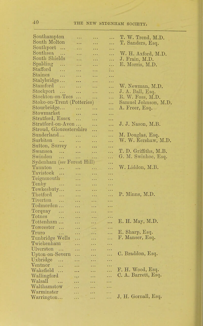 Southampton ... T. W. Trend M D South Molten T. Sanders. Esa Southport ... Southsea ... W. H. Axford, M.D. South Shields ... J. Erain, M.D. Spalding ... E. Morris, M.D. Stafford Staines Stalybrid'^e... Stamford ... W. Newman, M.D. Stockport ... ... J. A. Ball, Esq. Stockton-on-Tees ... 11. W. Foss, M.D. Stoko-on-Trent (Potteries) ... Samuel Johnson, M.D Stourbridge... ... A. Freer, Esq. Stowmarket Stratford, Essex ... Stratford-on-Avon ... ... J. J. Nason, M.B. Stroud, Gloucestershire ... Sunderland... ... M. Douglas, Esq. Surbiton ... W. W. Kershaw, M.D Sutton, Surrey Swansea T. D. Griffiths, M.B. Swindon ... G. M. Swinhoe, Esq. Sydenham (see Forest Hill) Taunton W. Liddon, M.B. Tavistock ... Teignmouth Tenby Tewkesbuty... Thetford ... P. Minns, M.D. Tiverton Todmordeu... Torquay Totnes Tottenham ... E. H. May, M.D. Towcester ... Truro ... E. Sharp, Esq. Tunbridge Wells ... P. Manser, Esq. Twickenham Ulverston Upton-on-Severn ... ... C. Braddon, Esq. Tlxbridcfi ... ... Ventnor Wakefield F. H. Wood, Esq. Wallingford ... 0. A. Barrett, Esq. Walsall Walthamstow Warminster Warrington... ... J, H. Gornall, Esq.