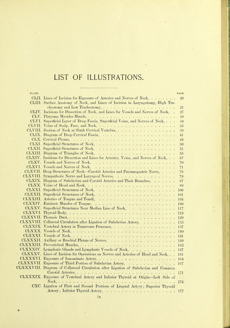 LIST OF ILLUSTRATIONS. PLATE PAGE CLII. Lines of Incision for Exposure of Arteries and Nerves of Neck, 20 CLIII. Surface Anatomy of Neck, and Lines of Incision in Laryngotomy, High Tra- cheotomy and Low Tracheotomy, 21 CLIV. Incisions for Dissection of Neck, and Lines for Vessels and Nerves of Neck, . 27 CLV. Platysma Myoides Muscle, 30 CLVI. Superficial Layer of Deep Fascia, Superficial Veins, and Nerves of Neck, ... 34 CLVII. Veins of Scalp, Face, and Neck, 35 CLVIII. Section of Neck at Sixth Cervical Vertebra, 39 CLIX. Diagram of Deep Cervical Fascia, 41 , CLX. Cervical Plexus, 44 CLXI. Superficial Structures of Neck, 50 CLXII. Superficial Structures of Neck, 51 CLXIII. Diagram of Triangles of Neck, 55 CLXIV. Incisions for Dissection and Lines for Arteries, Veins, and Nerves of Neck, . . 67 CLXV. Vessels and Nerves of Neck 70 CLXVL Vessels and Nerves of Neck, 71 CLXVII. Deep Structures of Neck—Carotid Arteries and Pneumogastric Nerve, .... 78 CLXVIII. Sympathetic Nerve and Laryngeal Nerves, 79 CLXIX. Diagram of Subclavian and Carotid Arteries and Their Branches, 87 CLXX. Veins of Head and Neck 89 CLXXL Superficial Structures of Neck, 100 CLXXII. Superficial Structures of Neck, 101 CLXXIIL Arteries of Tongue and Tonsil, 105 CLXXIV. Extrinsic Muscles of Tongue, 109 CLXXV. Superficial Structures Near Median Line of Neck, 117 CLXXVL Thyroid Body, 123 CLXXVIL Thoracic Duct 129 CLXXVIII. Collateral Circulation after Ligation of Subclavian Artery, 133 CLXXIX. Vertebral Artery in Transverse Processes, 137 CLXXX. Vessels of Neck 140 CLXXXL Vessels of Neck, 141 CLXXXIL Axillary or Brachial Plexus of Nerves, 149 CLXXXIIL Prevertebral Muscles, 152 CLXXXIV. Lymphatic Grlands and Lymphatic Vessels of Neck, 157 CLXXXV. Lines of Incision for Operations on Nerves and Arteries of Head and Neck, . . 161 CLXXXVI. Exposure of Innominate Artery. 164 CLXXXVII. Exposui-e of Third Portion of Subclavian Artery, . . ^ 167 CLXXXVIII. Diagram of Collateral Circulation after Ligation of Subclavian and Commoii Carotid Arteries, 171 CLXXXIX. Exijosure of Vertebral Artery and Inferior Thyroid at Origin—Left Side of Neck, 174 CXC. Ligation of First and Second Portions of Lingual Artc'-y; Superior Thyroid Artery ; Inferior Thyroid Artery, 177