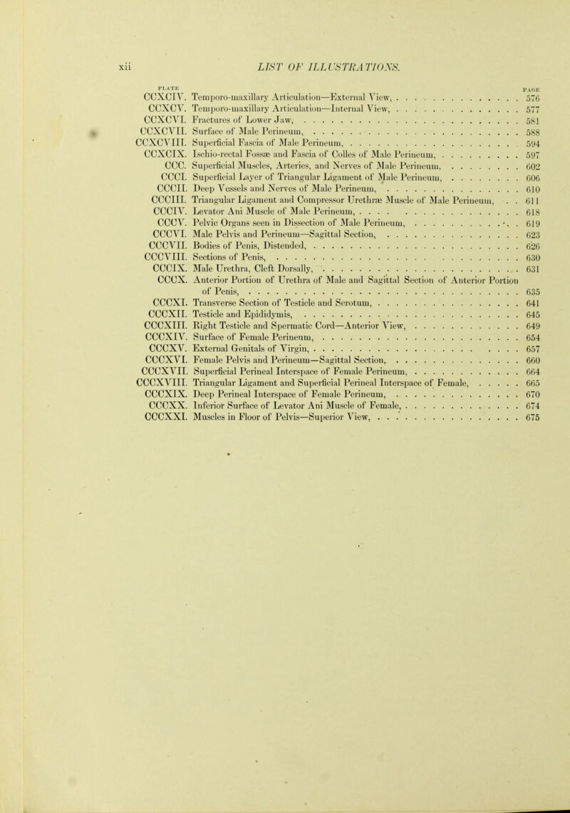 PLATE PAGE CCXCIV. Temporo-maxillary Articulation—External View, 576 CCXCV. Temporo-maxillary Articulation—Internal View, 577 CCXCVI. Fractures of Lower Jaw, 581 CCXCVII. Surface of Male Perineum, 588 CCXCVIII. Supei-ficial Fascia of Male Perineum, 594 CCXCIX. Ischio-rectal Fossae and Fascia of Colles of Male Perineum, 597 CCC. Superficial Muscles, Arteries, and Nerves of Male Perineum, 602 CCCI. Superficial Layer of Triangular Ligament of Male Perineum, 606 CCCIL Deep Vessels and Nerves of Male Perineum, 610 CCCIIL Triangular Ligament and Compressor Urethras Muscle of Male Perineum, . . 611 CCCn^. Levator Ani Muscle of Male Perineum, 618 CCCV. Pelvic Organs seen in Dissection of Male Perineum, '. . 619 CCCVI. Male Pelvis and Perineum—Sagittal Section, 623 CCCVII. Bodies of Penis, Distended, 626 CCCVIII. Sections of Penis, 630 CCCIX. Male Urethra, Cleft Dorsally, 631 CCCX. Anterior Portion of Urethra of Male and Sagittal Section of Anterior Portion of Penis, 635 CCCXI. Transverse Section of Testicle and Scrotum, 641 CCCXIL Testicle and Epididymis, 645 CCCXIII. Right Testicle and Spermatic Cord—Anterior View, 649 CCCXIV. Surface of Female Perineum, 654 CCCXV. External Genitals of Virgin 657 CCCXVL Female Pelvis and Perineum—Sagittal Section, 660 CCCXVIT. Superficial Perineal Interspace of Female Perineum, 664 CCCXVIII. Triangular Ligament and Superficial Perineal Interspace of Female, 665 CCCXIX. Deep Perineal Interspace of Female Perineum, 670 CCCXX. Inferior Surface of Levator Ani Muscle of Female, 674 CCCXXI. Muscles in Floor of Pelvis—Superior View, ... 675