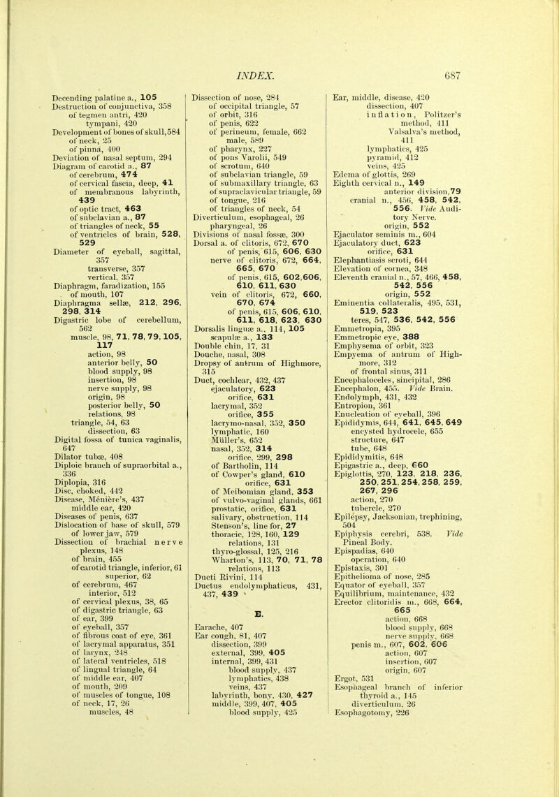 Decending palatiue a., 105 Destructiou of coujnuctiva, 358 of tegmeu autri, 420 tympani, 420 Developmeu t of bones of skull, 584 of neck, 25 of pinna, 400 Deviation of nasal septum, 294 Diagram of carotid a., 87 of cerebrum, 474 of cervical fascia, deep, 41 of membranous labyrinth, 439 of optic tract, 463 of subclavian a., 87 of triangles of neck, 55 of ventricles of brain, 528, 529 Diameter of eyeball, sagittal, 357 transverse, 357 vertical, 357 Diaphragm, faradization, 155 of mouth, 107 Diaphragraa sellse, 212, 296, 298, 314 Digastric lobe of cerebellum, 562 muscle, 98, 71, 78, 79,105, 117 action, 98 anterior belly, 50 blood supply, 98 insertion, 98 nerve supply, 98 origin, 98 posterior belly, 50 relations, 98 triangle, 54, 63 dissection, 63 Digital fossa of tunica vaginalis, 647 Dilator tubse, 408 Diploic branch of supraorbital a., 336 Diplopia, 316 Disc, choked, 442 Disease, Meniere's, 437 middle ear, 420 Diseases of penis, 637 Dislocation of base of skull, 579 of lovrer jaw, 579 Dissection of brachial nerve plexus, 148 of brain, 455 of carotid triangle, inferior, 61 superior, 62 of cerebrum, 467 interior, 512 of cervical plexus, 38, 65 of digastric triangle, 63 of ear, 399 of eyeball, 357 of fibrous coat of eye, 361 of lacrymal apparatus, 351 of larynx, 248 of lateral ventricles, 518 of lingual triangle, 64 of middle ear, 407 of mouth, 209 of muscles of tongue, 108 of neck, 17, 26 muscles, 48 Dissection of nose, 284 of occipital triangle, 57 of orbit, 316 of penis, 622 of perineum, female, 662 male, 589 of pharynx, 227 of pons Varolii, 549 of scrotum, 640 of subclavian triangle, 59 of submaxillary triangle, 63 of supraclavicular triangle, 59 of tongue, 216 of triangles of neck, 54 Diverticulum, esophageal, 26 pharyngeal, 26 Divisions of nasal fossae, 300 Dorsal a. of clitoris, 672, 670 of penis, 615, 606, 630 nerve of clitoris, 672, 664, 665, 670 of penis, 615, 602,606, 610, 611, 630 vein of clitoris, 672, 660, 670, 674 of penis, 615, 606, 610, 611, 618, 623, 630 Dorsalis linguaj a., 114, 105 scapulae a., 133 Double chin, 17, 31 Douche, nasal, 308 Dropsy of antrum of Highmore, 315 Duct, cochlear, 432, 437 ejaculatory, 623 orifice, 631 lacrymal, 352 orifice, 355 lacrymo-nasal, 352, 3 50 lymphatic, 160 Muller's, 6.52 nasal, 352, 314 orifice, 299, 298 of Bartholin, 114 of Cowper's gland, 610 orifice, 631 of Meibomian gland. 353 of vulvo-vaginal glands, 661 prostatic, orifice, 631 salivary, obstruction, 114 Stenson's, line for, 27 thoracic, 128, 160, 129 relations, 131 thyro-glossal, 125, 216 Wharton's, 113, 70, 71, 78 relations, 113 Ducti Rivini, 114 Ductus endolymphaticus, 431, 437, 439 ' E. Earache, 407 Ear cough, 81, 407 dissection, 399 external, 399, 405 internal, 399, 431 blood supply, 437 lymphatics, 438 veins, 437 labyrinth, bony. 430, 427 middle, 399, 407, 405 blood snppl}^, 425 Ear, middle, disease, 420 dissection, 407 inflation, Politzer's method, 411 Valsalva's method, 411 lymphatics, 425 pyramid, 412 veins, 425 Edema of glottis, 269 Eighth cervical n., 149 anterior division,79 cranial n., 4.56, 458, 542, 556. Vide Audi- tory Nerve, origin, 552 Ejaculator semiuis m., 604 Ejaculatory duct, 623 orifice, 631 Elephantiasis scroti, 644 Elevation of cornea, 348 Eleventh cranial n., 57, 466, 458, 542, 556 origin, 552 Eminentia collateralis, 495, 531, 519, 523 teres, 547, 536, 542 , 5 5 6 Emmetropia, 395 Emmetropic eye, 388 Emphysema of orbit, 323 Empyema of antrum of High- more, 312 of frontal sinus, 311 Encephaloceles, sincipital, 286 Encejihalon, 455. Vide Brain. Endolymph, 431, 432 Entropion, 361 Enucleation of eveball, 396 Epididymis, 644, 641, 645, 649 encysted hydrocele, 655 structure, 647 tube, 648 Epididymitis, 648 Epigastric a., deep. 660 Epiglottis, 270, 123, 2 18, 2 3 6, 250,251,254,258, 259, 267, 296 action, 270 tubercle, 270 Epilepsy, Jacksonian, trephining, 504 Epiphysis cerebri, 538. Vide Pineal Body. Epispadias, 640 operation, 640 Epistaxis, 301 Epithelioma of nose, 285 Equator of eyeball, 357 Equilibrium, maintenance, 432 Erector clitoridis ni., 668, 664, 665 action, 668 blood supply, 668 nerve snppiv. 668 penis m., 607, 602, 606 action, 607 insertion, 607 origin, 607 Ergot, 531 Esopuageal branch of inferior thyroid a., 145 diverticulum, 26 Esophagotomy, 226