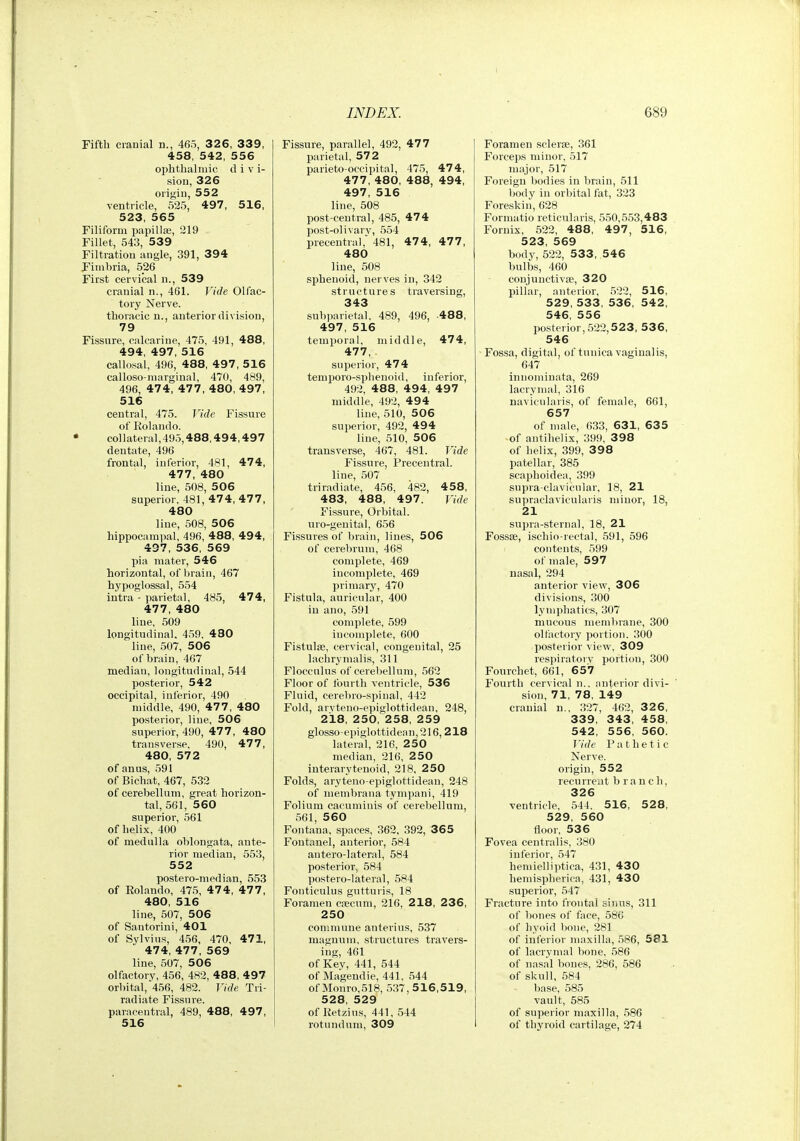 Fifth cranial n., 465, 326, 339, 458, 542, 556 ophtbaliuic d i v i- siou, 326 oiigiD, 552 ventricle, 525, 497 , 516, 523, 565 Filiform papillae, 219 Fillet, 543, 539 Filtration angle, 391, 394 Pinibria, 526 First cervical n., 539 cranial n., 461. Vide Olfac- tory Nerve, thoracic n., anterior division, 79 Fissure, calcarine, 475, 491, 488, 494, 497, 516 callosal, 496, 488, 497, 516 calloso-marginal, 470, 489, 496, 47 4, 477, 480, 497, 516 central, 475. T7(7e Fissure of Rolando, collateral, 495,488,49 4,497 dentate, 496 frontal, inferior, 481, 474, 477, 480 line, 508, 506 superior, 481, 474, 477, 480 line, 508, 506 hippocampal, 496, 488, 494, 497, 536, 569 pia mater, 546 horizontal, of brain, 467 hypoglossal, 554 intra - parietal, 485, 474, 477, 480 line, 509 longitudinal, 4.59, 480 line, 507, 506 of brain, 467 median, longitudinal, 544 posterior, 542 occipital, inferior, 490 middle, 490, 477, 480 posterior, line, 506 superior, 490, 477, 480 transverse, 490, 477, 480, 572 of anus, 591 of Bichat, 467, 532 of cerebellum, great horizon- tal, 561, 5 60 superior, 561 of helix, 400 of medulla oblongata, ante- rior median, 553, 552 postero-median, 553 of Rolando, 47.5, 4 7 4, 47 7, 480, 516 line, 507, 506 of Santorini, 401 of Sylvius, 4.56, 470, 471, 474, 477, 569 line, 507, 506 olfactory, 456, 482, 488, 497 orbital, 456, 482. Vide Tri- radiate Fissure, paracentral, 489, 488, 497, 516 Fissure, parallel, 492, 477 parietal, 572 parieto-occipital, 475, 474, 477, 480, 488, 494, 497, 516 line, 508 post-central, 485, 474 post-olivarv, 554 precentral,' 481, 47 4, 47 7, 480 line, 508 sphenoid, nerves in, 342 structures traversing, 343 subparietal, 489, 496, -488, 497, 516 temporal, middle, 474, 477, superior, 474 temporo-sphenoid, inferior, 492, 488, 494, 497 middle, 492, 494 line, 510, 506 superior, 492, 494 line, 510, 506 transverse, 467, 481. Vide Fissure, Precentral. line, 507 triradiate, 456, 482, 458, 483, 488, 497. Vide Fissure, Orbital, uro-genital, 656 Fissures of brain, lines, 506 of cerel)runi, 468 complete, 469 iucomijlete, 469 primary, 470 Fistula, auricular, 400 in ano, 591 complete, 599 incomplete, 600 Fistulas, cervical, congenital, 25 lachrymalis, 311 Flocculus of cerebellum, 562 Floor of fourth ventricle, 536 Fluid, cerebro-spinal, 442 Fold, arvteno-epiglottidean, 248, 218, 250, 258, 259 glosso-epiglottidean,216, 218 lateral, 216, 250 median, 216, 250 interarytenoid, 218. 250 Folds, aryteno-epiglottidean, 248 of membrana tympani, 419 Folium cacuminis of cerebellum, 561, 560 Fontana, spaces, 362, 392, 365 Fontanel, anterior, 584 antero-lateral, 584 posterior, 584 postero-lateral, 584 Foiiticulus gutturis, 18 Foramen crecum, 216, 218, 236, 250 commune anterius, 537 magnum, structures travers- ing, 461 of Key, 441, 544 of Magendie, 441, 544 of Monro,518, 537, 5 16,519, 528, 529 of Retzius, 441, 544 rotundum, 309 Foramen scleras, 361 Forceps minor, 517 major, 517 Foreign Imdies in brain, 511 Ijody in orbital fat, 323 Foreskin, 628 Formatio reticularis, 550,553,483 Fornix, 522, 488, 497 , 516, 523, 569 body, 522, 533 , 5 46 bulbs, 460 conjunctivae, 320 pillar, anterior, .522, 5 16, 529, 533, 536, 542, 546, 556 posterior,522,5 23, 53 6, 546 Fossa, digital, of tunica vaginalis, 647 innominata, 269 lacrymal, 316 navicularis, of female, 661, 657 of male, 633, 631, 635 of antihelix, 399, 398 of helix, 399, 3 98 patellar, 385 scaphoidea, 399 supra-clavicular, 18, 21 supraclavicularis minor, 18, 21 supra-sternal, 18, 21 Fossae, ischio-rectal, 591, 596 contents, 599 of male, 597 nasal, 294 anterior view, 306 divisions, 300 lymphatics, 307 mucous meml)rane, 300 olfactory portion. .300 posterior viev\', 309 respiratory portion, 300 Fourchet, 661, 657 Fourth cervical n.. anterior divi- sion, 71, 78, 149 cranial n., 327, 462, 326, 339, 343, 458, 542, 556, 560. Vide Pathetic Nerve, origin, 552 recurrent branch, 326 ventricle, 544. 516, 528, 529, 560 floor, 536 Fovea centralis, 380 inferior, 547 hemielliptica, 431, 430 hemispherica, 431, 430 superior, 547 Fracture into frontal sinus, 311 of bones of face, 586 of bvoid l)one, 281 of inferior maxilla, ,586, 5c»l of lacrymal bone, 586 of nasal bones, 286, 586 of skull, 584 base, 585 vault, 585 of superior maxilla, 586 of thyroid cartilage, 274