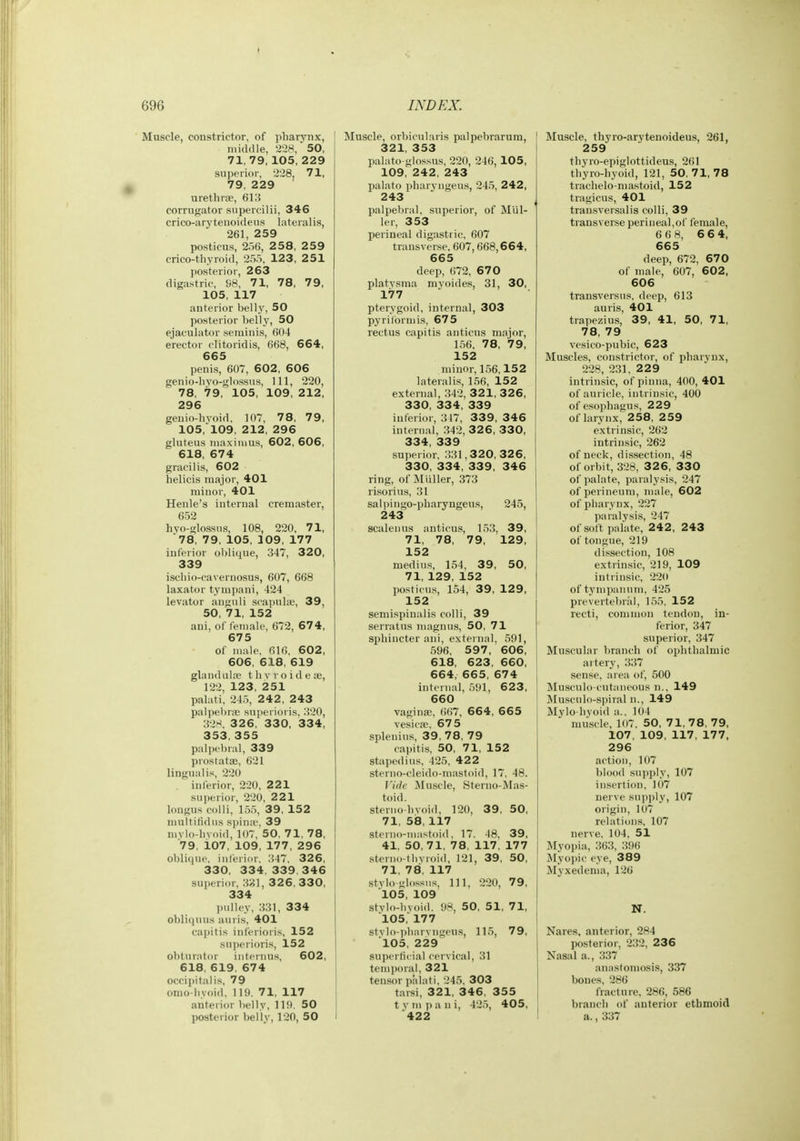 Muscle, constrictor, of pharynx, middle, 228,' 50, 71, 79, 105, 229 superior, 228, 71, 79, 229 urethrte, 613 corrugator supercilii, 346 crico-arytenoideus lateralis, 261, 259 posticus, 256, 258, 259 crico-thyroid, 255, 123, 251 posterior, 263 digastric, 98, 71, 78, 79, 105, 117 anterior belly, 50 posterior belly, 50 ejaculator seminis, 604 erector clitoridis, 668, 664, 665 penis, 607, 602, 606 genio-livo-glossus, 111, 220, 78, 79, 105, 109, 212, 296 geuio-hyoid, 107, 78, 79, 105,109, 212, 296 gluteus iiiaxiiiius, 602, 606, 618, 674 gracilis, 602 helicis major, 401 minor, 401 Henle's internal cremaster, 652 hyo-glossns, 108, 220, 71, '78, 79, 105, 109, 177 inferior oblique, 347, 320, 339 iscliio-caveruosus, 607, 668 laxator tympani, 424 levator anguli scapulae, 39, 50, 71, 152 ani, of female, 672, 67 4, 675 of male. 616, 602, 606, 618, 619 gland aire thvroideae, 122, 123, 251 palati, 24,5, 242, 243 palpebrie superioris, 320, 32H, 326, 330, 334, 353, 355 palpebral, 339 prostatee, 621 lingualis, 220 inferior, 220, 221 superior, 220, 221 longus colli, 155, 39, 152 muttilidus spina', 39 mvlo-livoid, 107, 50, 71, 78, 79. 107, 109, 177, 296 obli(|ue, inferior. 347. 326, 330, 334. 339. 346 superior, 331, 326. 330, 334 pulley, 331, 334 obliquus auris, 401 capitis inferioris, 152 superioris, 152 obturator intenius, 602, 618, 619. 674 occii>italis, 79 onio-liyoid. 119. 71, 117 anterior belly, 119. 50 posterior belly, 120, 50 Muscle, orbicularis palpebrarum, 321, 353 palato glossus, 220, 246, 105, 109, 242, 243 palato pharyiigeus, 245, 242, 243 palpebral, superior, of MUl- ler, 353 perineal digastric, 607 transverse, 607,668,664, 665 deep, 672, 67 0 platvsma myoides, 31, 30, 177 pterygoid, internal, 303 pyrilbrmis, 675 rectus capitis anticus major, 156, 78, 79, 152 minor, 156,152 laterali.s, 156, 152 external, 342, 321, 32 6, 330, 334, 339 inferior, 347, 33 9, 3 46 internal, 342, 3 2 6, 330, 334, 339 superior, 331,3 20, 326, 330, 334, 339, 346 ring, of jSIliller, 373 ri.sorius, 31 saliiingo-pbaryngeus, 245, 243 scalenus anticus, 153, 39, 71, 78, 79, 129, 152 medius, 154, 39, 50, 71, 129, 152 po.sticus, 154, 39, 129, 152 semispinalis colli, 39 serratus magnus, 50, 71 sphincter ani, external. 591, .596, 597 , 606, 618, 623, 660, 664, 665, 674 internal, 591, 623, 660 vagina;, (i67, 66 4, 6 6 5 vesica, 67 5 splenins, 39, 78, 79 capitis, 50, 71, 152 stapedius. 425, 422 sterno-cleido-mastoid, 17. 48. Vide Muscle, Sterno-Mas- toid. steniodivoid, 120, 39, 50, 71, 5iB, 117 sterno-niastoid. 17. 48, 39, 41, 50, 71, 78, 117, 177 sterno-tbyroid, 121, 39, 50, 71, 78, 117 stylo jilossns, 111, 220, 79, 105, 109 stylo-bvoid. 98, 50, 51, 71, 105, 177 stvlo-i)liiirvngeus, 115, 79, 105, 229 superficial cervical, 31 temporal, 321 tensor pidati, 245. 303 tarsi, 321, 346, 355 t y ni p a n i, 42.5, 405, 422 Muscle, thyro-arytenoideus, 261, 259 thyro-epiglottideus, 261 thyro-hyoid, 121, 50. 71, 78 trachelo-niastoid, 152 tragicus, 401 trau.sversalis colli, 39 transverse perineal,of female, 6 6 8, 6 6 4, 665 deep, 672, 670 of male, 607, 602, 606 transversus, deep, 613 auris, 401 trapezius, 39, 41, 50, 71, 78, 79 vesico-pubic, 623 Muscles, constrictor, of pharynx, 228, 231, 229 intrinsic, of pinna, 400, 401 of auricle, intrinsic, 400 of esophagus, 229 of larynx, 258, 259 extrinsic, 262 intrinsic, 262 of neck, dissection, 48 of orbit, 328, 32 6, 330 of palate, paralysis, 247 of perineum, male, 602 of pharynx, 227 paralysis, 247 of soft palate, 242, 243 of tongue, 219 di.ssection, 108 extrinsic, 219, 109 intrinsic, 220 of tj'mpannm, 425 prevertebral, 155, 152 recti, common tendon, in- ferior, 347 superior, 347 Muscular branch of ophthalmic artery, 337 sen.se, area of, 500 Musculo cutaneous n., 149 Jlusculo-spiral n., 149 Mylo hvoid a.. 104 muscle, 107. 50, 71, 78. 79, 107, 109, 117, 177, 296 action, 107 blood supply, 107 insertion, 107 nerve supply, 107 origin, 107 relations, 107 nerve, 104, 51 Myopia, 363, 396 Myopic eye, 389 Myxedema, 126 N. Nares, anterior, 284 posterior, 232, 236 Nasal a., 337 anastomosis, 337 bones, 286 fracture, 286, 586 branch of anterior ethmoid a., 337