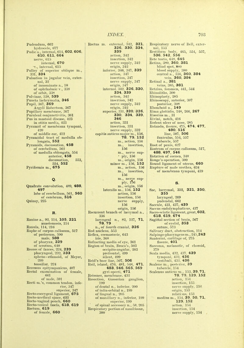 Pudendum, 662 hydrocele, 677 Pudica., internal, 614, 602, 606, 610, 611, 664 nerve, 615 internal, 670 ■v., internal, 615 Pulley of superior oblique m., 331, 334 Pulsation in jugular vein, exter- nal, 32 of innominate a., 18 of ophthalmic v., 338 of orbit, 338 Pulviuar, 538, 539 Puncta lachrymalia, 346 Pupil, 367, 369 Argyll Robertson, 367 Pupillary menil)raiie, 367 Purulent conjunctivitis, 361 Pus in mastoid disease, 423 in otitis media, 423 Pyramid of membrana tympani, 420 of middle ear, 412 Pyramidal tract of medulla ob- longata, 552 Pyramids, decussation, 458 of cerebellum, 562 of medulla oblongata, 554 anterior, 458 decussation, 553, 554, 552 Pyriformis m., 675 Quadrate convolution, 489, 488, 497 lobe of cerebellum, 561, 560 of cerebrum, 516 Quinsy, 225 R. Eanine a., 92, 114, 105, 221 anastomosis, 114 Eannla, 114, 216 Eaphe of corpus callosum, 517 of perineum, 590 male, 588 of pharynx, 229 of scrotum, 640 Eecess of fauces, 224, 239 pharyngeal, 232, 233 spheno-ethmoid, of Meyer, 299 tonsillar, 224 Recessns epitympanicus, 407 Eectal examination of female, 661 of male, 591 Recti m.'s, common tendon, infe- rior, 347 superior, 347 Recto-coccygeal ligament, 675 Recto-urethral space, 622 Recto-vaginal pouch, 660 Recto-vesical fascia, 618, 619 Rectum, 619 of female, 660 Rectus m. external, 342, 321, 326, 330, 334, 339 action, 342 insertion, 342 nerve supply, 342 origin, 342 inferior, 346, 347, 339 action, 347 insertion, 347 nerve supply, 347 origin, 347 internal. 342, 3 2 6, 330, 334, 339 action, 342 insertion, 342 nerve supply, 342 origin, 342 superior, 331, 320, 3 2 6, 330, 334, 339, 346 action, 331 insertion, 331 nerve supply, 332 capitis anticus major m., 156, 78, 79, 152 m., action, 156 m., insertion, 156 m., nerve sup- • ply, 156 m., origin, 156 minor m., 156, 152 m., action, 156 m., insertion, 156 m., nerve sup- ply, lt6 m., origin, 156 lateralis m., 156, 152 action, 156 insertion, 156 nerve supply, 156 origin, 156 Recurrent branch of lacrymal a., 336 laryngeal n., 82, 127, 71, 78, 79 n., of fourth cranial, 326 Red nucleus, 553 Reflex, cremasteric, 643 iris, 368 Refracting media of eye, 361 Region of brain, Broca's, 503 occipito-angulai', 203 prefrontal, 499 silent, 499 Reid's base line, 507, 506 Reil, island, 470, 481, 548, 471, 483, 546, 565, 569 gyri operti, 471 Eeissner, membrane, 432 Resection, Gasserian ganglion, 199 of dental n., inferior, 200 of infra-orbital n., 199 of lingual n., 205 of maxillary n., inferior, 199 superior, 199 of spinal accessory n., 58, 205 Respiratory portion of nasal fossse, 300' Respiratory nerve of Bell, exter- nal, 153 Restiforiu body, 465, 554, 557, 536, 542, 556 Rete testis, 648, 645 Retina, 380, 36 0, 381 blind spot, 380 blood supply, 380 central a., 336, 3 60, 384 vein, 360, 384 Retinal a., 381 veins, 385, 381 Retzius, foramen, 441, 544 Rliiuoliths, 300 Rhinoplasty, 285 Rhinoscopy, anterior, 307 posterior, 308 Rhomboid n., 149 Rima glottidis, 248, 266, 267 Risorius m., 31 Rivini, notch, 416 Rodent ulcer of nose, 285 Rolando, fissure, 475, 474, 477, 480, 516 line, 507, 506 funiculus, 554, 557 tubercle, 557 Root of penis, 627 Rostrum of corpus callosum, 517, 488, 497, 546 Rotation of cornea., 348 Rouge's operation, 300 Round ligament of uterus, 660 Rupture of male urethra, 634 of membrana tympani, 419 S. Sac, lacrvmal, 352, 321, 350, 355 laryngeal, 269 pudendal, 662 Saccule, 431, 437, 439 Saccus endolymphaticus, 437 Sacro-sciatic ligament, great, 602, 618, 619, 674 Sagittal section of brain, 567 of eyelid, 353 suture, 573 Salivary duct, obstruction, 114 Salpingo-pharyngeus m., 245,243 Sautorini, cartilage of, 275 fissure, 401 Sarcoma, melanotic, of choroid, 379 Scala media, 4.32, 437, 439 tympani, 432, 436 v'estibuli, 432, 436 Scalene ni., posterior, 39 tubercle, 154 Scalenus anticus m., 153, 39, 71, 78, 79, 129, 152 action, 154 insertion, 153 nerve supply, 154 origin, 153 relations, 153 mediusm., 154, 39 , 50, 71, 129, 152 action, 154 insertion, 154 nerve supply, 154