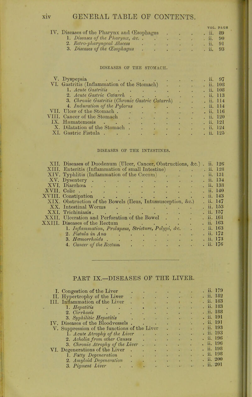 VOL. PAGB IV. Diseases of the Pharynx and OEsophagus . , . . ii. 89 1. Diseases of the Fharpnx, ttc. , . ... . ii. 90 2. Retro-pharyngcal Abscess . . . . . . ii. 91 3. Diseases of the (Esophagus ii. 93 DISEASES OP THE STOMA.CH. V. Dyspepsia ii. 97 VI. Gastritis (Inflammation of the Stomach) . . , . ii. 108 1. Acute Gastritis . . . . . , , . ii. 108 2. Acute Gastric Catarrh . . . . . . . ii. 113 3. Chronic Gastritis (Chronic Gastric Catarrh) . . . ii. 114 4. Induration of the Pylorus . . . . . . ii. 114 VII. Ulcer of the Stomach ii. 116 VIII. Cancer of the Stomach ....... ii. 120 IX. Hfematemesis . . . . . . . . . ii. 121 X. Dilatation of the Stomach . . . . . . . ii. 124 XI. Gastric Fistula ii. 125 DISEASES OE THE INTESTINES. XII. Diseases of Duodenum (Ulcer, Cancer, Obstructions, &c.) . ii. 126 XIII. Enteritis (Inflammation of small Intestine) . . . ii. 128 XIV. Typhlitis (Inflammation of the Caecum) . . . . ii. 131 XV. Dysentery iL 134 XVI. Diarrhoea ii. 138 XVII. Cohc ii. 140 XVIII. Constipation . . ii. 143 XIX. Obstruction of the Bowels (Ileus, Intussusception, &c.) . ii. 147 XX. Intestinal Worms ii. 153 XXI. Trichiniasis ii. 157 XXII. Ulceration and Perforation of the Bowel . . . . ii. 161 XXIII. Diseases of the Rectum ii. 163 1. Inflammation, Prolapsus, Stricture, Polypi, d-c. . . ii. 163 2. Fistula in Ano ii. 172 3. Hcemorrhoids . . . . . . . . . ii. 173 4. Cancer of the Rectum ii. 176 PAET IX.—DISEASES OF THE LIYEE. I. Congestion of the Liver }}• ^''^ II. Hypertrophy of the Liver }!• III. Inflammation of the Liver . . . . . . ii. 183 1. Hepatitis • . ii. 183 2. Cirrhosis ii. 188 3. Syphilitic Hepatitis !!• rV. Diseases of the Bloodvessels . ii. 19) V. Stippression of the functions of the Liver .... ii. 193 1. Acute Atrophy of the Liver ii. 193 2. Acholia from other Causes ii. 196 3. Chronic Atrophy of the Liver . . . - • • ]]- 196 VI. Degenerations of the Liver ii- 198 1. Fatty Degeneration ii. 198 2. Amyloid Degeneration ii- 200 3. Pigment Liver ii. 201