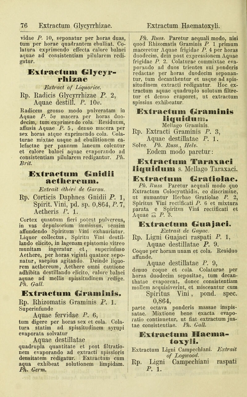 vidae P. 10, seponatur per horas duas, tum per horae quadrantem ebulliat. Co- latura exprimendo effecta calore balnei aquae ad consistentiam pilularem redi- gatur. £xti*actiuii Qlycya*- rliizae Extract of Liquorice. Rp. Radicis Glycyrrhizae P. 2, Aquae destill. P. lOv. Radicem grosso modo pulveratam in Aquae P. bv macera per horas duo- decim, tum exprimendo cola. Residuum, affusis Aquae P. 5, denuo macera per sex horas atque exprimendo cola. Cola- turae mixtae usque ad ebullitionem ca- lefactae per pannum laneum colentur et calore balnei aquae evaporando ad consistentiam pilularem redigantur. Ph. Brit. £xti*actiiiia €»iiidii aetlaereiaiaa. Extrait ethere de Garou. Rp. Corticis Daphnes Gnidii P. 1, Spirit. Vini, pd. sp. 0,864, P. 7, Aetheris P. 1. Cortex quantum fieri potest pulvereus, in vas depulsorium immissus, sensim affundendo Spiritum Vini exhauriatur. Liquor collectus, Spiritu Vini destil- lando elicito, in lagenam epistomio vitreo munitam ingeratur et, superinfuso Aethere, per horas viginti quatuor sepo- natur, saepius agitando. Deinde liquo- rem aethereum, Aethere omni cautione adhibita destillando elicito, calore balnei aquae ad mellis spissitudinem redige. Ph. Gall Sxtraetum €»i*ainiiiis« Rp. Rhizomatis Graminis P. 1. Superinfunde Aquae fervidae P. 6, tum digere per horas sex et cola. Cola- tura statim ad spissitudinem syrupi evaporata solvatur Aquae destillatae quadrupla quantitate et post filtratio- nem evaporando ad extracti spissioris densitatem redigatur. Extractum cum aqua exhibeat solutionem limpidam. Ph. Germ. Ph. Buss. Paretur aequali modo, nisi quod Rhizomatis Graminis P. 1 primum maceretur Aquae frigidae P. 4 per horas duodecim, dein post expressionem Aquae frigidae P. 2. Colaturae commixtae eva- porando ad duos trientes sui ponderis redactae per horas duodecim seponan- tur, tum decanthentur et usque ad spis- situdinem extracti redigantur. Hoc ex- tractum aquae quadruplo solutum filtre- tur et denuo evaporet, ut extractum spissius exhibeatur. £?xti»actiiifi €*i-amiiiis liqiiitliim* Meliago Graminis. Rp. Extracti Graminis P. 3, Aquae destillatae P. 1. Solve. Ph. Russ., Helv. Eodem modo paretur: JExtractimi Taraxaci liqiiidiiiii s. Mellago Taraxaci. E^traetttiM C?i*atiolae« Ph. Russ. Paretur aequali modo quo Extractum Colocynthidis, eo discrimine, ut sumantur Herbae Gratiolae P. 2, Spiritus Vini rectificati P. 6 et mixtura parata e Spiritus Vini rectificati et Aquae ^ P. 3. l^xtractiim C&iiajaci. Extrait de Gayac. Rp. Ligni Guajaci raspati P. 1, Aquae destillatae P. 9. Coque per horam unam et cola. Residuo affunde, Aquae destillatae P. 9, denuo coque et cola. Colaturae per horas duodecim sepositae, tum decan- thatae evaporent, donec consistentiam mollem acquisiverint, et misceantur cum Spiritus Vini, pond. spec. 0,864, parte octava ponderis massae inspis- satae. Mixtione bene exacta evapo- I ratio continuetur, ut fiat extractum jus- ; tae consistentiae. Ph. Gall. [ Exta*acttiiai Haema- toxyJi. | Extractum Ligni Campechiani. Extrait of Logwoocl. Rp. Ligni Campechiani raspati P. 1.
