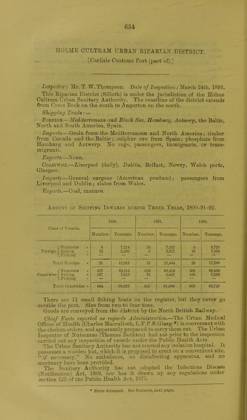 HOLME CULTRAM URBAN RIPARTAN DISTRICT. [Carlisle Customs Port (part of).] Inspector : Mr. T. W. Thompson. Date of Inspeciion: March 2'ith, 1893. This Riparian District (Silloth) is under the jurisdiction of the Holme Cultram Urban Sanitary Authority. The coastline of the district extends from Cross Beck on the south to j4ngerton on the north. Shipiying Trade: — FoEEiGN.—Mediterranean and Black Sea, Hamburg, Antwerp, the Baltic, North and South America, Spain. Imports.—Grain from the MediteiTanean and North America; timber from Canada and the Baltic ; sulphur ore from Spain; phosphate from Hamburg and Antwerp. No rags, passengers, immigrants, or trans- migrants. Exports.—None. Coastwise.—Liverpool (daily), Dublin, Belfast, Newry, Welsh ports, Glasgow. Imports.—General cargoes (American produce); passengers from Liverpool and Dublin; slates from Wales. Exports.—Coal, manure. Amount of Shipping Inwabds duking Three Teahs, 1890-91-92. Class of Vessels. 1890. 1891. 1892. Number. Tonnage. Number. Tonnage. Number. Tonnage. f Steamers Foreign ■< Siiiling (.Fishing Total Foreign C Steamers Coastwise< Suiling (.Fishing Tot;il Coastwise - 8 13 7,214 5,599 10 G 7,527 3,917 9 16 9,729 7,560 21 12,813 16 11,444 25 17,289 627 137 83,215 7,613 629 76 86,413 5,487 562 100 88,459 7,283 664 00,828 605 91,900 668 96,747 There are 11 small fishing boats on the register, but they never go outside the port. Size from two to four tons. Goods are conveyed from the district by the North British Railway. GMef Facts reported as regards Administration.—The Urban Medical Officer of Health (Charles Macculloch, L.F.P.S.Glasg.*) is conversant with the cholera orders, and apparently prepared to carry them out. The Urban Inspector of Nuisances (Thomas Beckton) had not prior to the inspection carried out any inspection of vessels under the Public Health Acts. The Urban Sanitary Authority has not erected any isolation hospital. _ It possesses a wooden hut, which it is proposed to erect on a convenient site,  if necessary. No ambulance, no disinfecting apparatus, and no mortuai-y Imve been provided. The Sanitary Authority has not adopted the Infectious Disease (Notiiication) Act, 1889, nor has it drawn .up any regulations under section 125 of the Public Health Act, 1875. * Since deceased. See footnol e, next page.