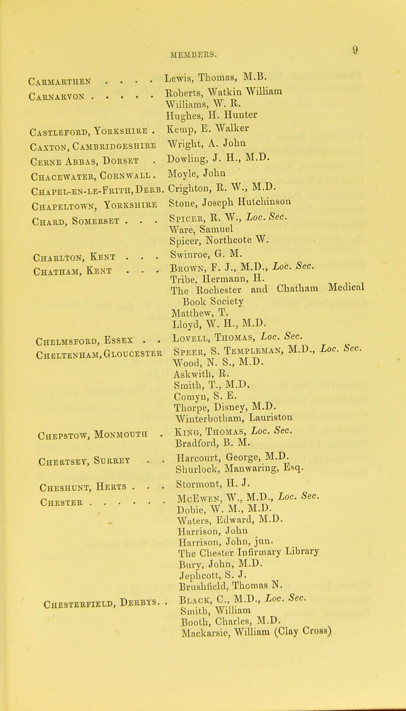Carmarthen Carnarvon . Castleford, Yorkshire . Caxton, Cambridgeshire Cerne Abbas, Dorset . Chacewater, Cornwall . Chapel-en-le-Frith, Derb Chapeltown, Yorkshire Chard, Somerset . . . Charlton, Kent . . . Chatham, Kent . . • Chelmsford, Essex . . Cheltenham, Gloucester Chepstow, Monmouth Chebtsey, Surrey Cheshunt, Herts . . Chester Chesterfield, Derbys. Lewis, Thomas, M.B. Roberts, Watkin William Williams, W. R. Hughes, H. Hunter Kemp, E. Walker Wright, A. John Dowling, J. H., M.D. Moyle, John , Crighton, R. W„ M.D. Stone, Joseph Hutchinson Spicer, R. W., Loc. Sec. Ware, Samuel Spicer, Northcote W. Swinroe, G. M. Brown, E. J., M.D., Loc. Sec. Tribe, Hermann, H. The Rochester and Chatham Medical Book Society Matthew, T. Lloyd, W. H.5 M.D. Lovell, Thomas, Loc. Sec. Speer, S. Templeman, M.D., Loc. Sec. Wood, N. S., M.D. Askwith, R. Smith, T., M.D. Comyn, S. E. Thorpe, Disney, M.D. Winterbotham, Lauriston King, Thomas, Loc. Sec. Bradford, B. M. . Harconrt, George, M.D. Shurlock, Manwaring, Esq. , Stormont, H. J. McEwen, W., M.D., Loc. Sec. Dobie, W. M., M.D. Waters, Edward, M.D. Harrison, John Harrison, John, jun. The Chester Infirmary Library Bury, John, M.D. Jephcott, S. J. Brushfield, Thomas N. . Black, C, M.D., Loc. Sec. Smith, William Booth, Charles, M.D. Mackarsie, William (Clay Cross)