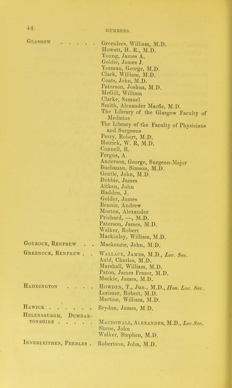 It MEMBERS. Glasgow Gourock, Renfrew Greenock, Renfrew . Haddington . . . Hawick ...... Helensburgh, Dumbar- tonshire Innerleithen, Peebles Greenlees, William, M.D. Howatt, H. R., M.D. Young, James A. Goldie, James J. Yeaman, George, M.D. Clark, William, M.D. Coats, John, M.D. Paterson, Joshua, M.D. McGill, William Clarke, Samuel Smith, Alexander Macfie, M.D. The Library of the Glasgow Faculty of Medicine The Library of the Faculty of Physicians and Surgeons Perry, Robert, M.D. Hatrick, W. R, M.D. Connell, R. Fergus, A. Anderson, George, Surgeon-Major Buchanan, Simson, M.D. Gentle, John, M.D. Dobbie, James Aitken, John Hadden, J. Golder, James Bennie, Andrew Morton, Alexander Prichard, —, M.D. Paterson, James, M.D. Walker, Robert Mackinlay, William, M.D. Mackenzie, John, M.D. Wallace, James, M.D., Loc. Sec. Auld, Charles, M.D. Marshall, William, M.D. Paton, James Frazer, M.D. Mackie, James, M.D. Howden, T., Jun., M.D., Hon. Loc. Sec. Loriiuer, Robert, M.D. Martine, William, M.D. Brydon, James, M.D. Macdowall, Alexander, M.D., Loc.Sec. Skene, John Walker, Stephen, M.D. Robertson, John, M.D.