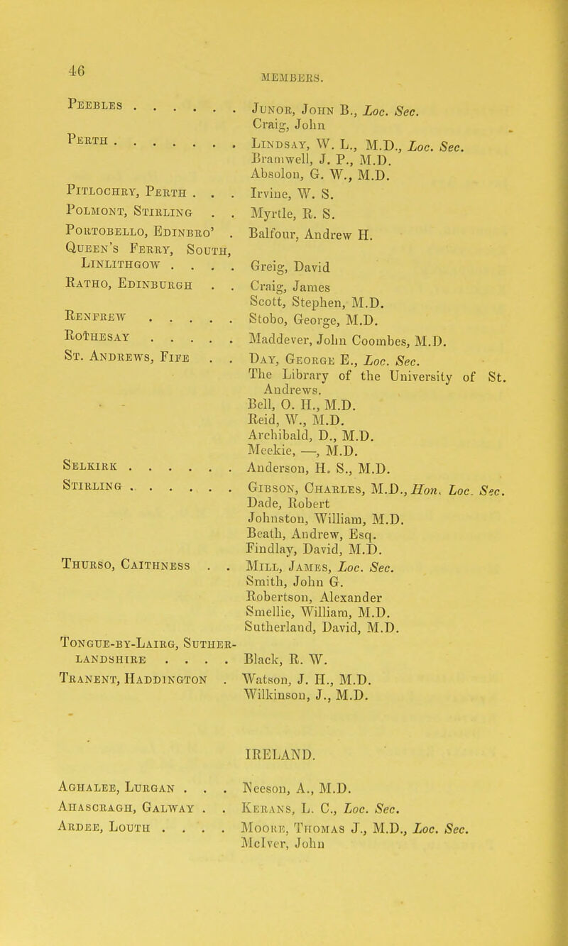 MEMBERS. Peebles Perth . Pitlochry, Perth . . Polmont, Stirling . Portobello, Edinbro' Queen's Ferry, Sodth Linlithgow . . . Katho, Edinburgh Renfrew . . . Rothesay . . . St. Andrews, Fife Selkirk Stirling Thurso, Caithness . Tongue-by-Lairg, Suther- landshire .... Tranent, Haddington . Junor, John B., Loc. Sec. Craig, John Lindsay, W. L., M.D., Loc. Sec. Bramwell, J. P., M.D. Absolon, G. W., M.D. Irvine, W. S. Myrtle, R. S. Balfour, Andrew H. Greig, David Craig, James Scott, Stephen, M.D. Stobo, George, M.D. Maddever, John Coombes, M.D. Day, George E., Loc. Sec. The Library of the University of St Andrews. Bell, 0. H., M.D. Reid, W., M.D. Archibald, D., M.D. Meekie, —, M.D. Anderson, H. S., M.D. Gibson, Charles, M.D.,Hon. Loc Sec Dade, Robert Johnston, William, M.D. Beath, Andrew, Esq. Findlay, David, M.D. Mill, James, Loc. Sec. Smith, John G. Robertson, Alexander Smellie, William, M.D. Sutherland, David, M.D. Black, R. W. Watson, J. II., M.D. Wilkinson, J., M.D. IRELAND. Aghalee, Lurgan . . . Neeson, A., M.D. Aiiascragh, Galway . . Kerans, L. C, Loc. Sec. Ardee, Louth .... Moore, Thomas J., M.D., Loc. Sec. Mclver, John