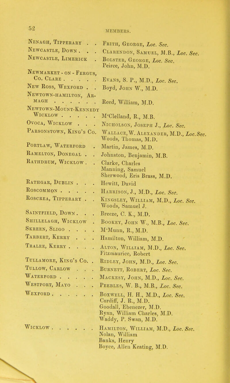 M UMBERS. NenAGH, TlPPERARY . Newcastle, Down . . Newcastle, Limerick Frith, George, Loc. Sec. Clarendon, Samuel, M.B., Loc. Sec. Bolster, George, Loc. Sec. Peirce, John, M.D. Evans, S. P., M.D., Loc. Sec. Boyd, John W., M.D. Reed, William, M.D. Newmarket - on - Fergus, Co. Clare New Ross, Wexeord . . Newtown-hamilton, Ar- magh Newtown-Mount-Kennedy Wicklow M'Clelland, R., M.B. Ovoca, Wicklow . . . Nicholson, Joseph J., Loc. Sec. Parsonstown, King's Co. Wallace, W. Alexander, M.D., Loc.Sec. Woods, Thomas, M.D. Portlaw, Waterford . Martin, James, M.D. Ramelton, Donegal . . Johnston, Benjamin, M.B. Rathdrum, Wicklow . . Clarke, Charles Manning, Samuel Sherwood, Eris Brass, M.D. Rathgar, Dublin . . . Hewitt, David Roscommon Harrison, J., M.D., Loc. Sec. ROSCREA, TlPPERARY . . KlNGSLEY, WlLLIAM, M.D., Loc. Sec. Woods, Samuel J. Saintfield, Down . . . Breeze, C. K., M.D. Shillelagh, Wicklow . Bookey, John W., M.B., Loc. Sec. Skreen, Sligo .... M'Munn, R., M.D. Tarbert, Kerry . . . Hamilton, William, M.D. Tralee, Kerry .... Alton, William, M.D., Loc. Sec. Fitzmaurice, Robert TULLAMORE, KlNG's Co. . RlDLEY, JOHN, M.D., Loc. Sec. Tullow, Carlow . . . Burnett, Robert, Loc. Sec. Waterford Mackesy, John, M.D., Loc. Sec. Westport, Mayo . . . Peebles, W. B., M.B., Loc. Sec. Wexford Boxwell, H. H., M.D., Loc. Sec. Cardiff, J. R., M.D. Goodall, Ebenezer, M.D. Ryan, William Charles, M.D. Waddy, P. Swan, M.D. Wicklow Hamilton, William, M.D., Loc. Sec. Nolan, William Banks, Henry Boyce, Allen Keating, M.D.