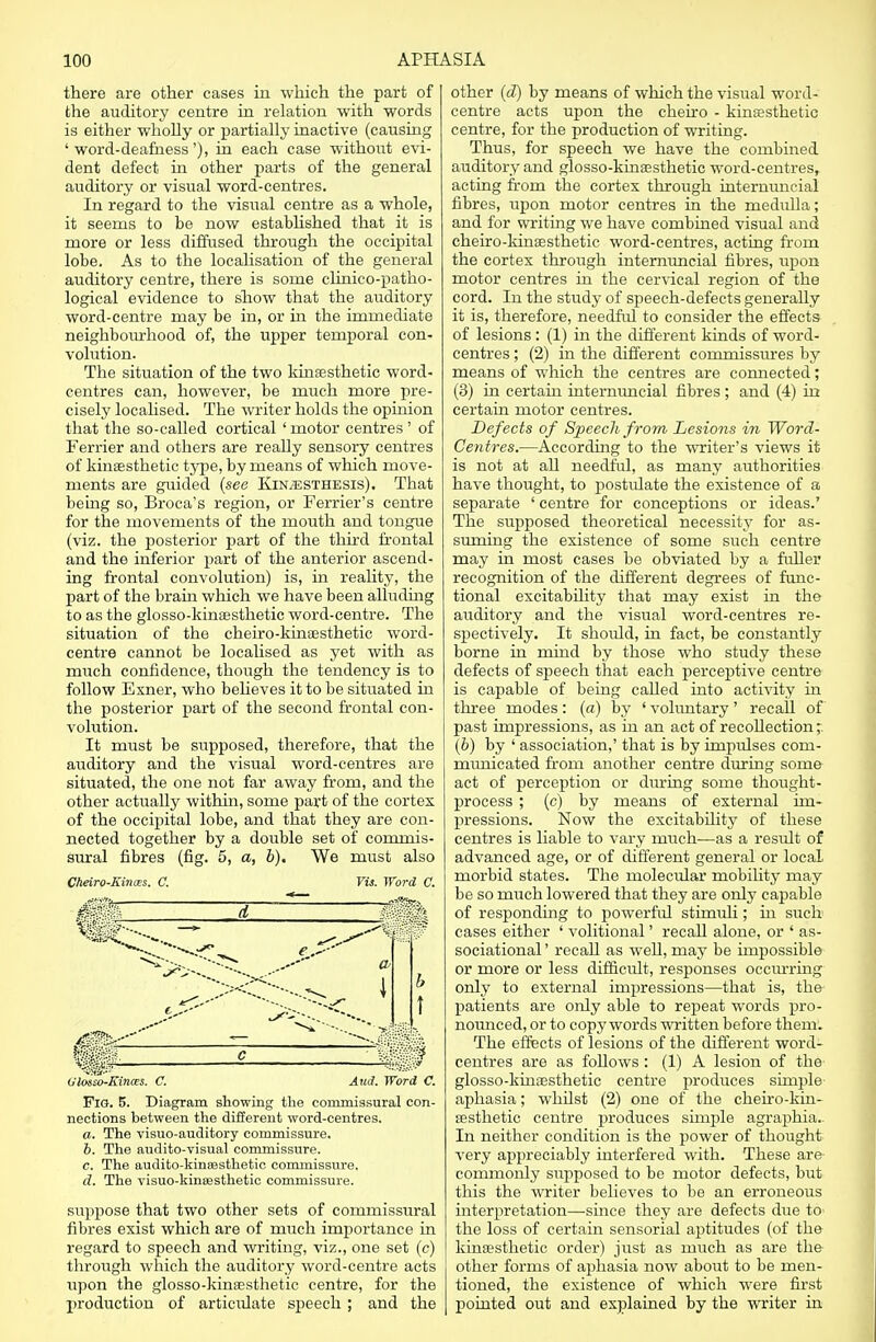 there are other cases in which the part of the auditory centre in relation with words is either wholly or partially inactive (causing 'word-deafness'), in each case without evi- dent defect in other parts of the general auditory or visual word-centres. In regard to the visual centre as a whole, it seems to be now established that it is more or less diffused through the occipital lobe. As to the localisation of the general auditory centre, there is some clinico-patho- logical evidence to show that the auditory word-centre may be in, or in the immediate neighbourhood of, the upper temporal con- volution. The situation of the two kinesthetic word- centres can, however, be much more pre- cisely localised. The writer holds the opinion that the so-called cortical ' motor centres' of Terrier and others are really sensory centres of kinesthetic type, by means of which move- ments are guided (see Kin^esthesis). That being so, Broca's region, or Ferrier's centre for the movements of the mouth and tongue (viz. the posterior part of the third frontal and the inferior part of the anterior ascend- ing frontal convolution) is, in reality, the part of the brain which we have been alluding to as the glosso-kinestketic word-centre. The situation of the cheiro-kinesthetic word- centre cannot be localised as yet with as much confidence, though the tendency is to follow Exner, who believes it to be situated in the posterior part of the second frontal con- volution. It must be supposed, therefore, that the auditory and the visual word-centres are situated, the one not far away from, and the other actually within, some part of the cortex of the occipital lobe, and that they are con- nected together by a double set of commis- sural fibres (fig. 5, a, b). We must also Cheiro-Kinozs. C. Vis. Word C. Ulosso-Kinces. C. And. Word C. Fig. 5. Diagram showing the commissural con- nections between the different word-centres. a. The visuo-auditory commissure. 6. The audito-visual commissure. c. The audito-kineesthetic commissure. d. The visuo-kinaasthetic commissure. suppose that two other sets of commissural fibres exist which are of much importance in regard to speech and writing, viz., one set (c) through which the auditory word-centre acts upon the glosso-kinesthetic centre, for the production of articulate sjieech ; and the other (d) by means of which the visual word- centre acts upon the cheiro - kinesthetic centre, for the production of writing. Thus, for speech we have the combined auditory and glosso-kinesthetic word-centres, acting from the cortex through internuncial fibres, upon motor centres in the medulla; and for writing we have combined visual and cheiro-kinsesthetic word-centres, acting from the cortex through internuncial fibres, upon motor centres in the cervical region of the cord. In the study of speech-defects generally it is, therefore, needful to consider the effects of lesions : (1) in the different kinds of word- centres ; (2) in the different commissures by means of which the centres are connected; (3) in certain internuncial fibres; and (4) in certain motor centres. Defects of Speech from Lesions in Word- Centres.—According to the writer's views it is not at all needful, as many authorities have thought, to postulate the existence of a separate ' centre for conceptions or ideas.' The supposed theoretical necessity for as- suming the existence of some such centre may in most cases be obviated by a fuller recognition of the different degrees of func- tional excitability that may exist in the auditory and the visual word-centres re- spectively. It should, in fact, be constantly borne in mind by those who study these defects of speech that each perceptive centre is capable of being called into activity in three modes: (a) by ' voluntary' recall of past impressions, as in an act of recollection; (b) by ' association,' that is by impulses com- municated from another centre during some act of perception or during some thought- process ; (c) by means of external im- pressions. Now the excitability of these centres is liable to vary much—as a result of advanced age, or of different general or local, morbid states. The molecular mobility may be so much lowered that they are only capable of responding to powerful stimuli; in such cases either ' volitional' recall alone, or ' as- sociational' recall as well, may be impossible or more or less difficult, responses occru-rmg only to external impressions—that is, the1 patients are only able to repeat words pro- nounced, or to copy words written before them. The effects of lesions of the different word- centres are as follows: (1) A lesion of the glosso-kinesthetic centre produces simple aphasia; whilst (2) one of the cheiro-kin- esthetic centre produces simple agraphia.. In neither condition is the power of thought very appreciably interfered with. These are commonly supposed to be motor defects, but this the writer believes to be an erroneous interpretation—since they are defects due to the loss of certain sensorial aptitudes (of the kinesthetic order) just as much as are the other forms of aphasia now about to be men- tioned, the existence of which were first pointed out and explained by the writer in